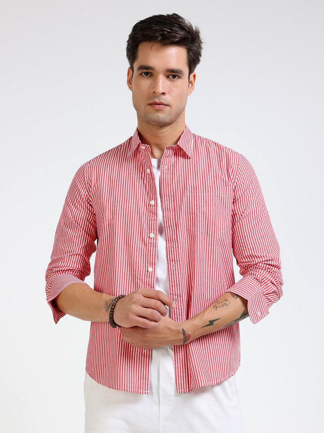 Men Red & White Stripe Slim Fit Shirt
