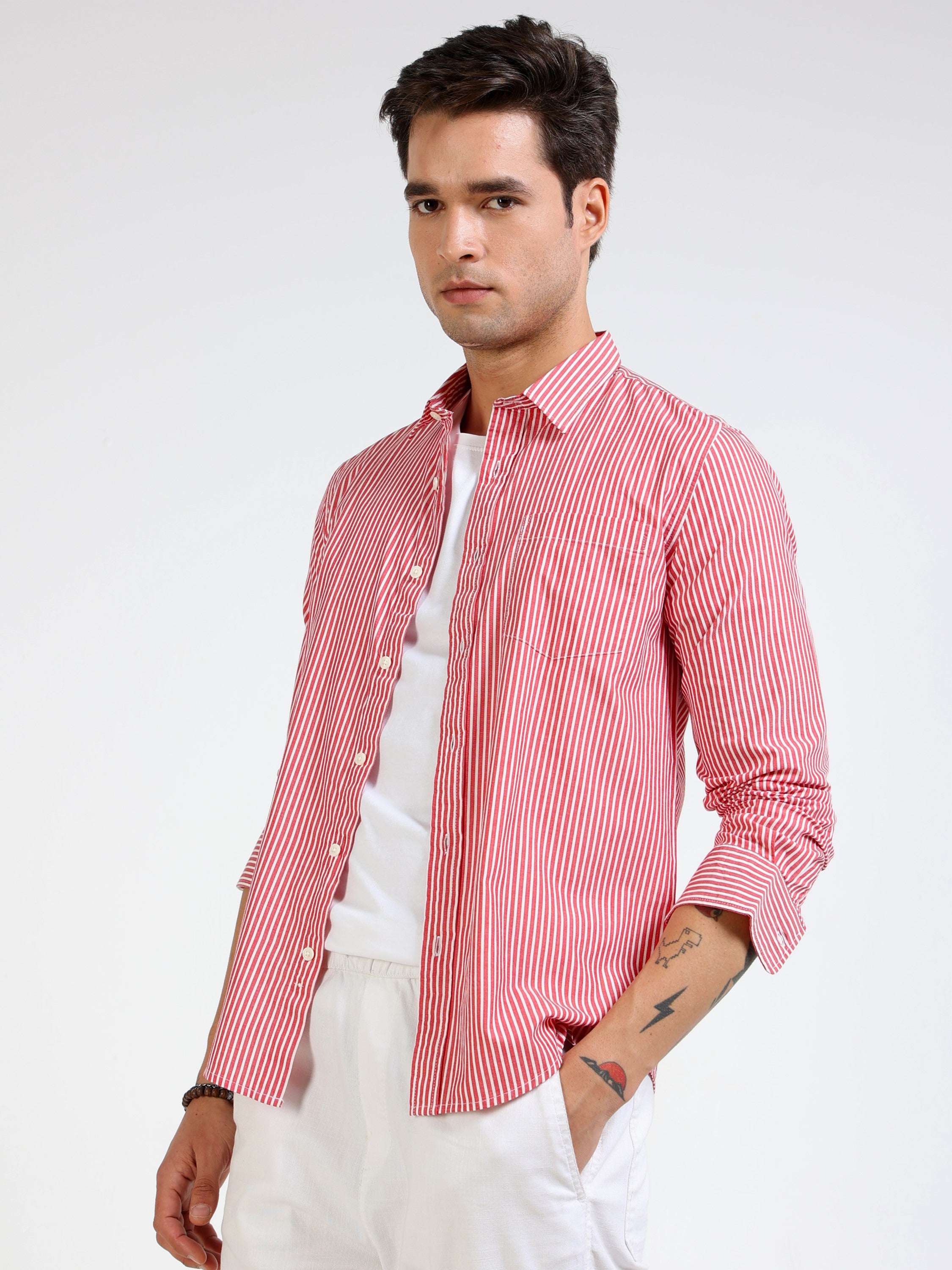 Men Red & White Stripe Slim Fit Shirt