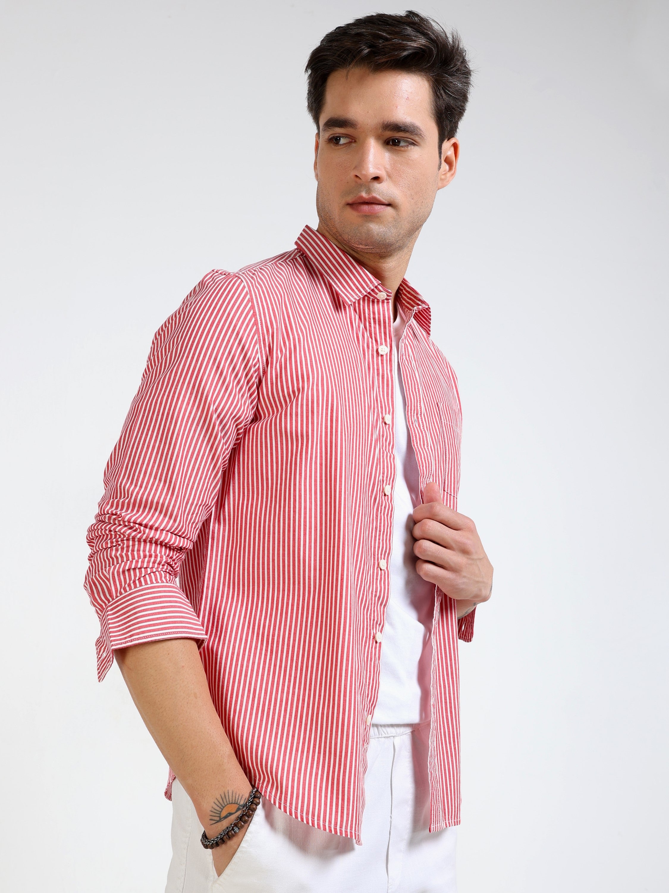Men Red & White Stripe Slim Fit Shirt