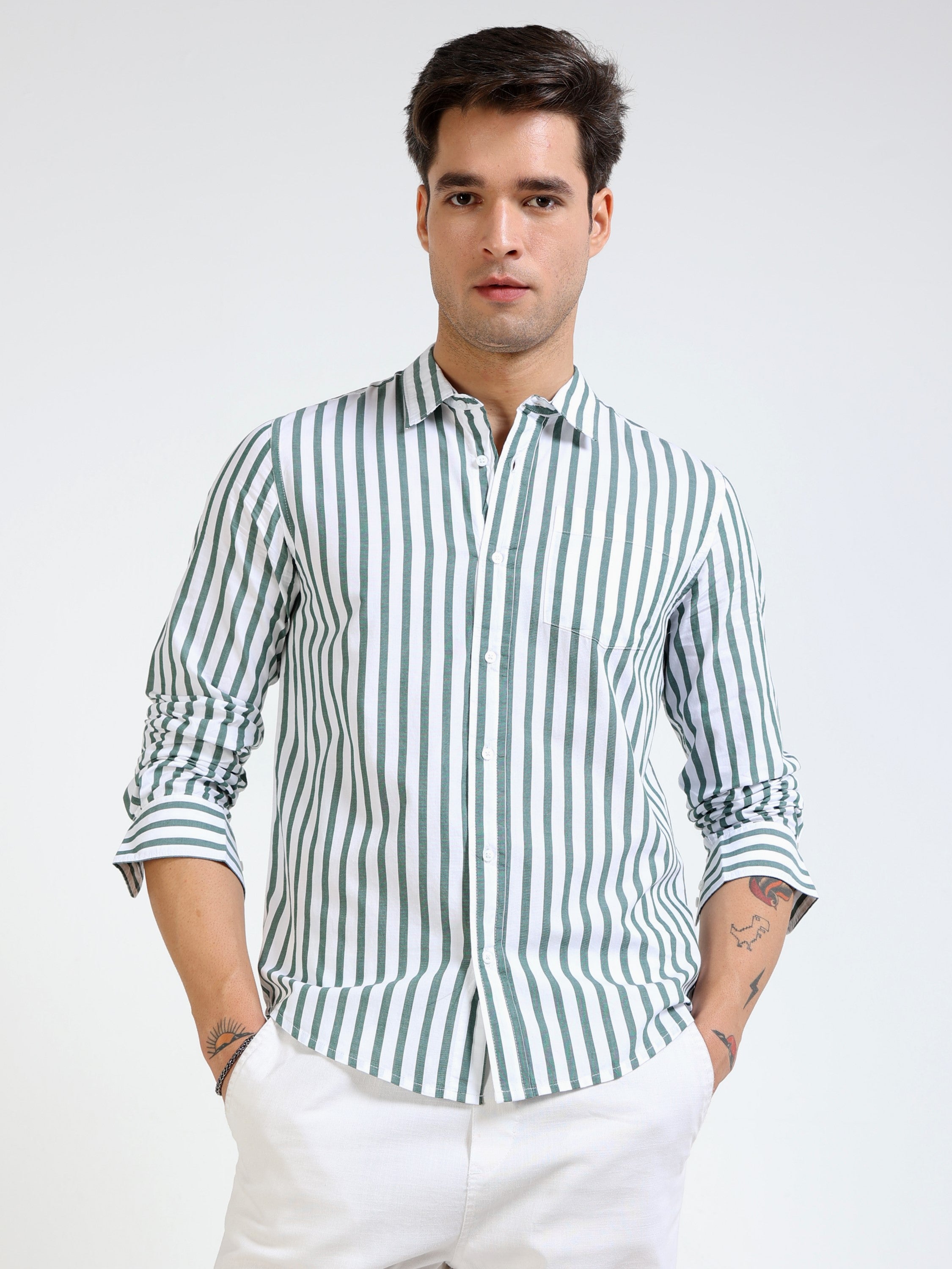 Men Green & White Stripe Slim fit Shirt