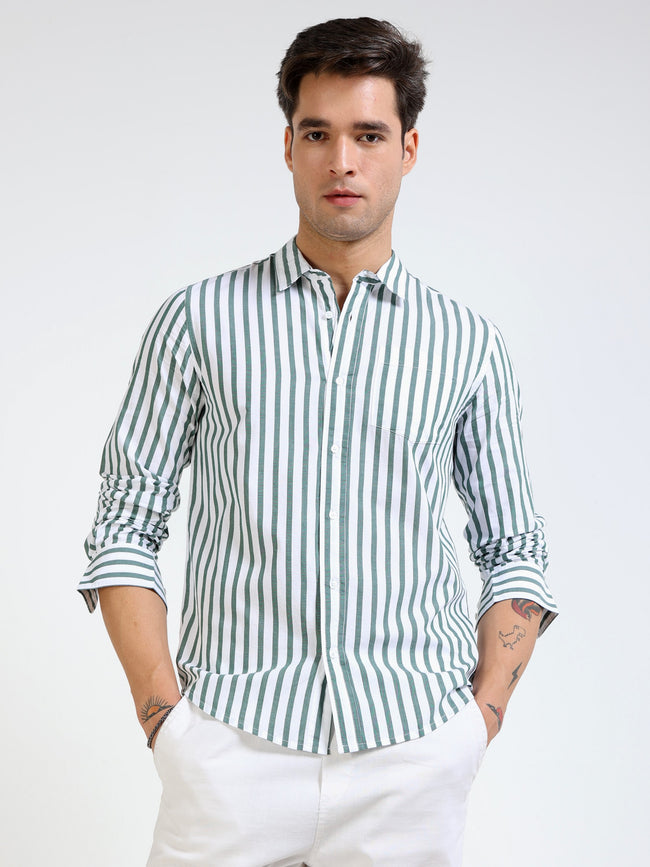 Men Green & White Stripe Slim fit Shirt