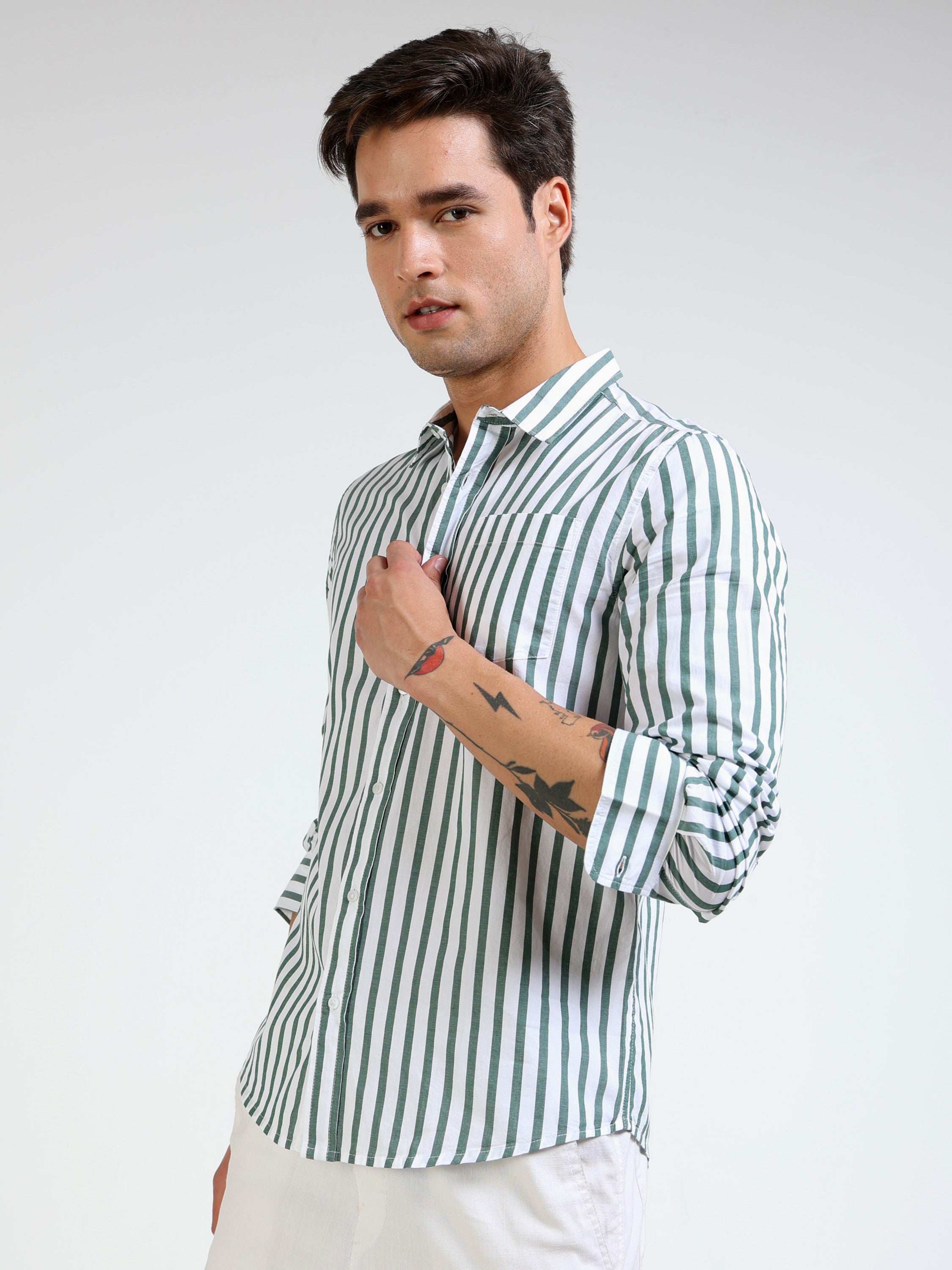 Men Green & White Stripe Slim fit Shirt