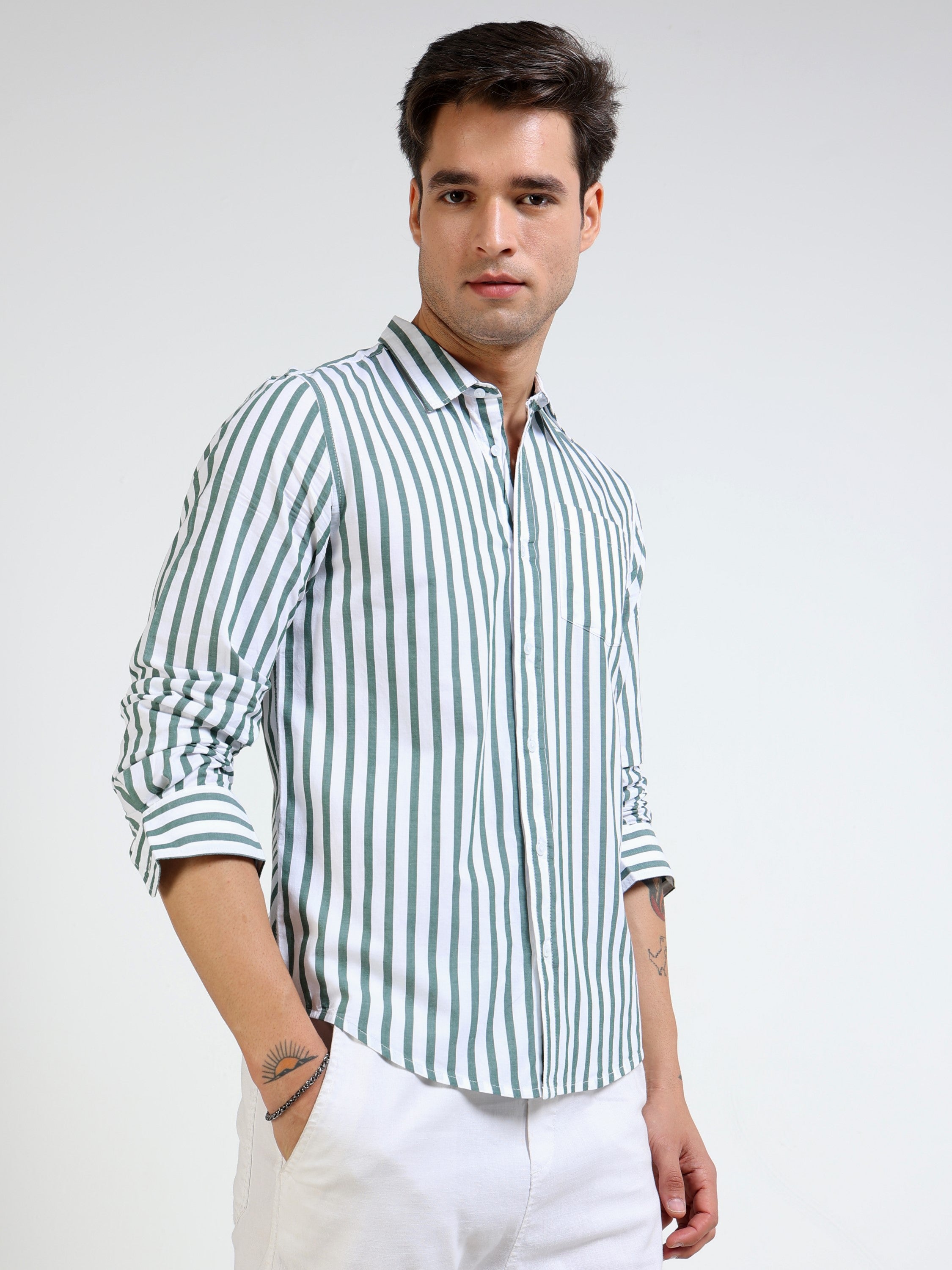 Men Green & White Stripe Slim fit Shirt