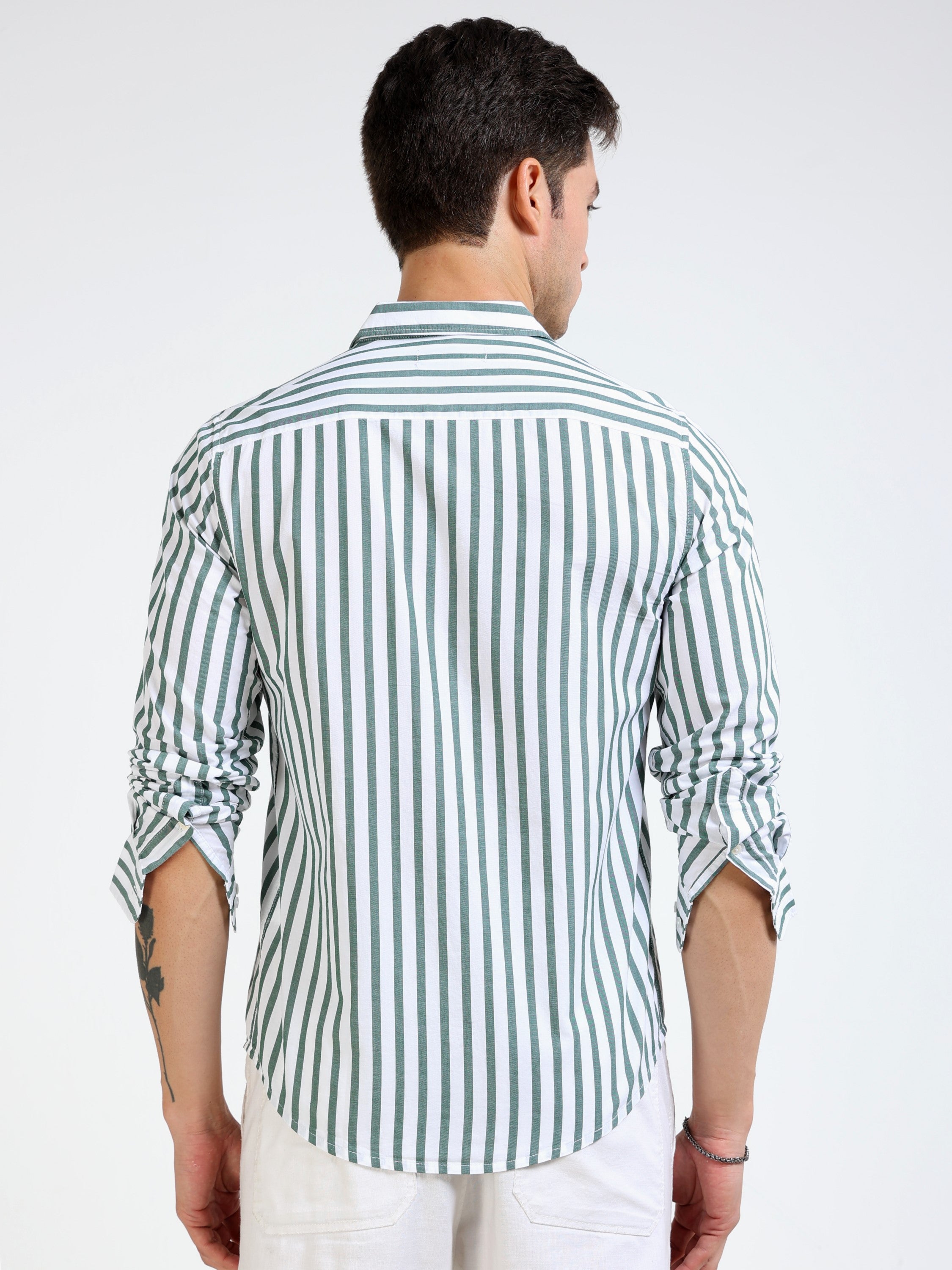 Men Green & White Stripe Slim fit Shirt