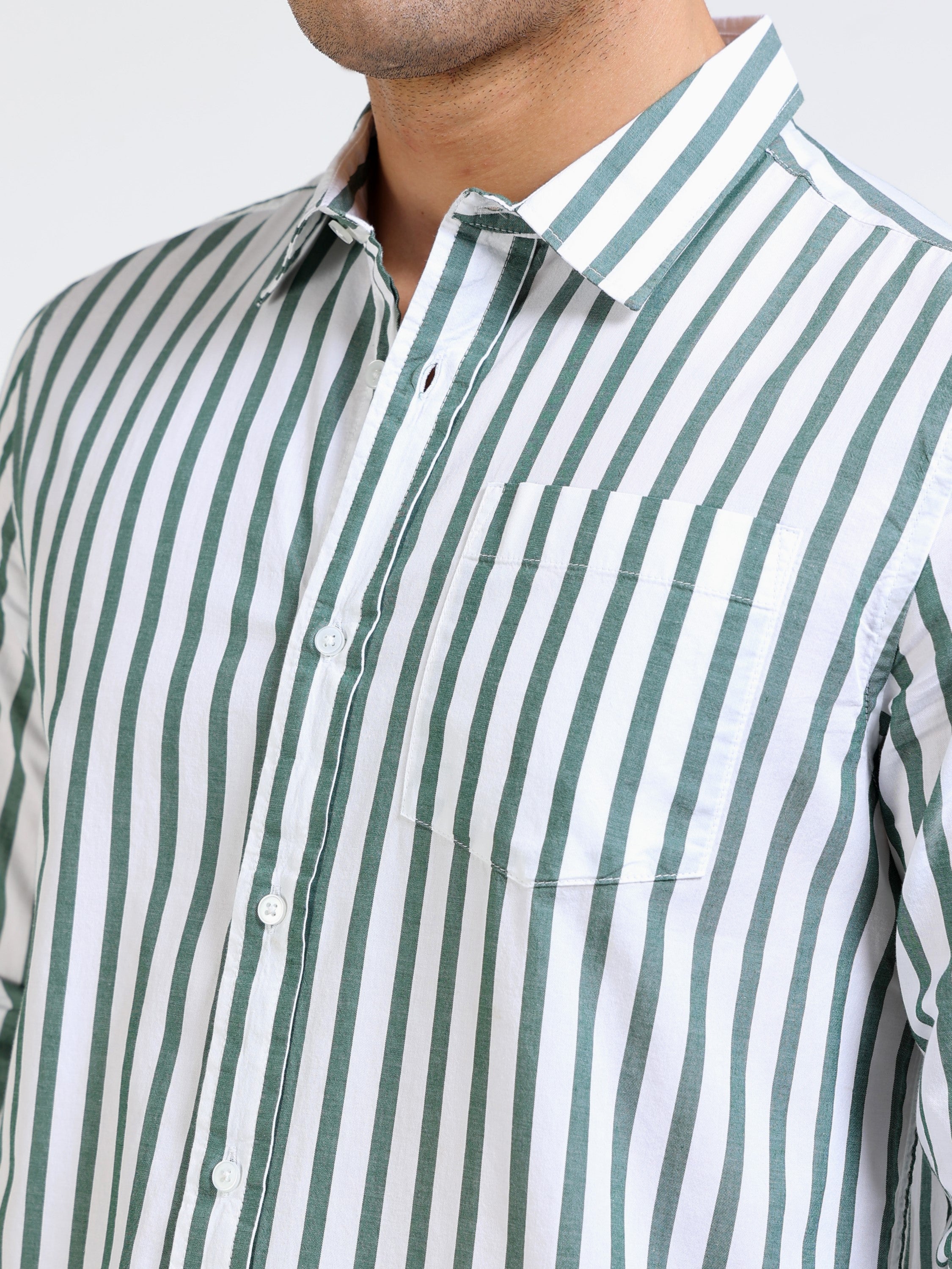 Men Green & White Stripe Slim fit Shirt