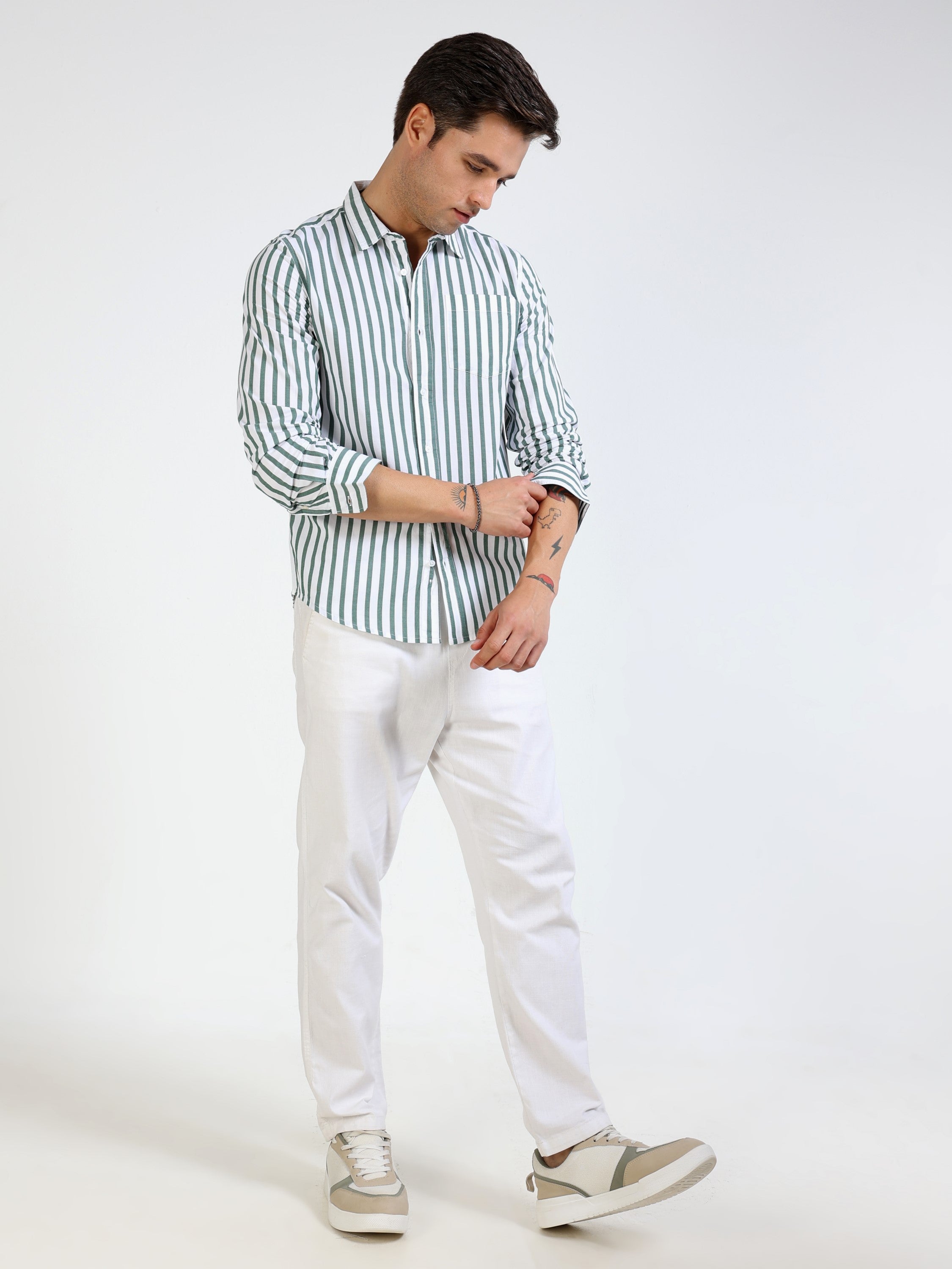 Men Green & White Stripe Slim fit Shirt
