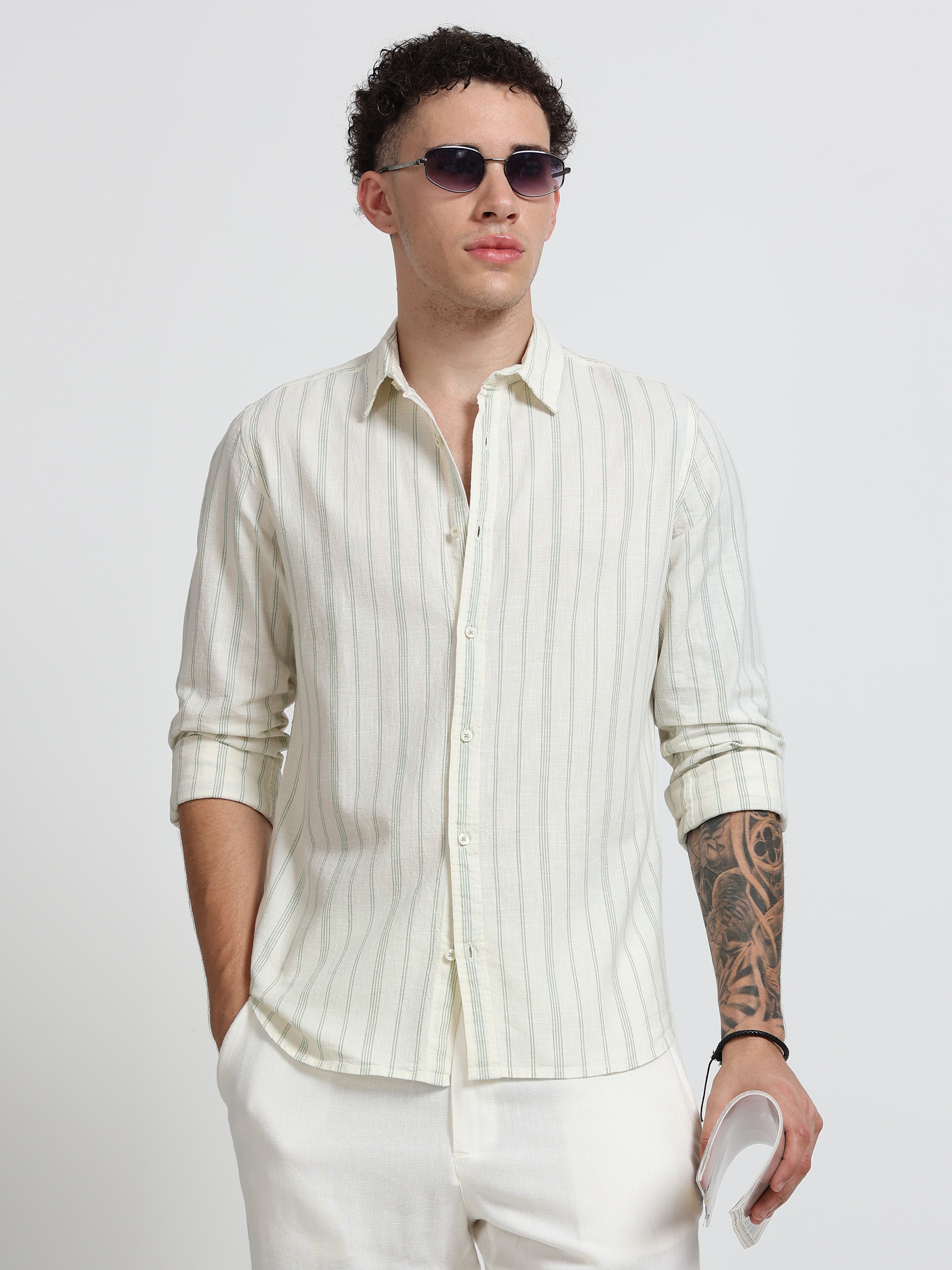 Men Green Vertical Stripe Shirt