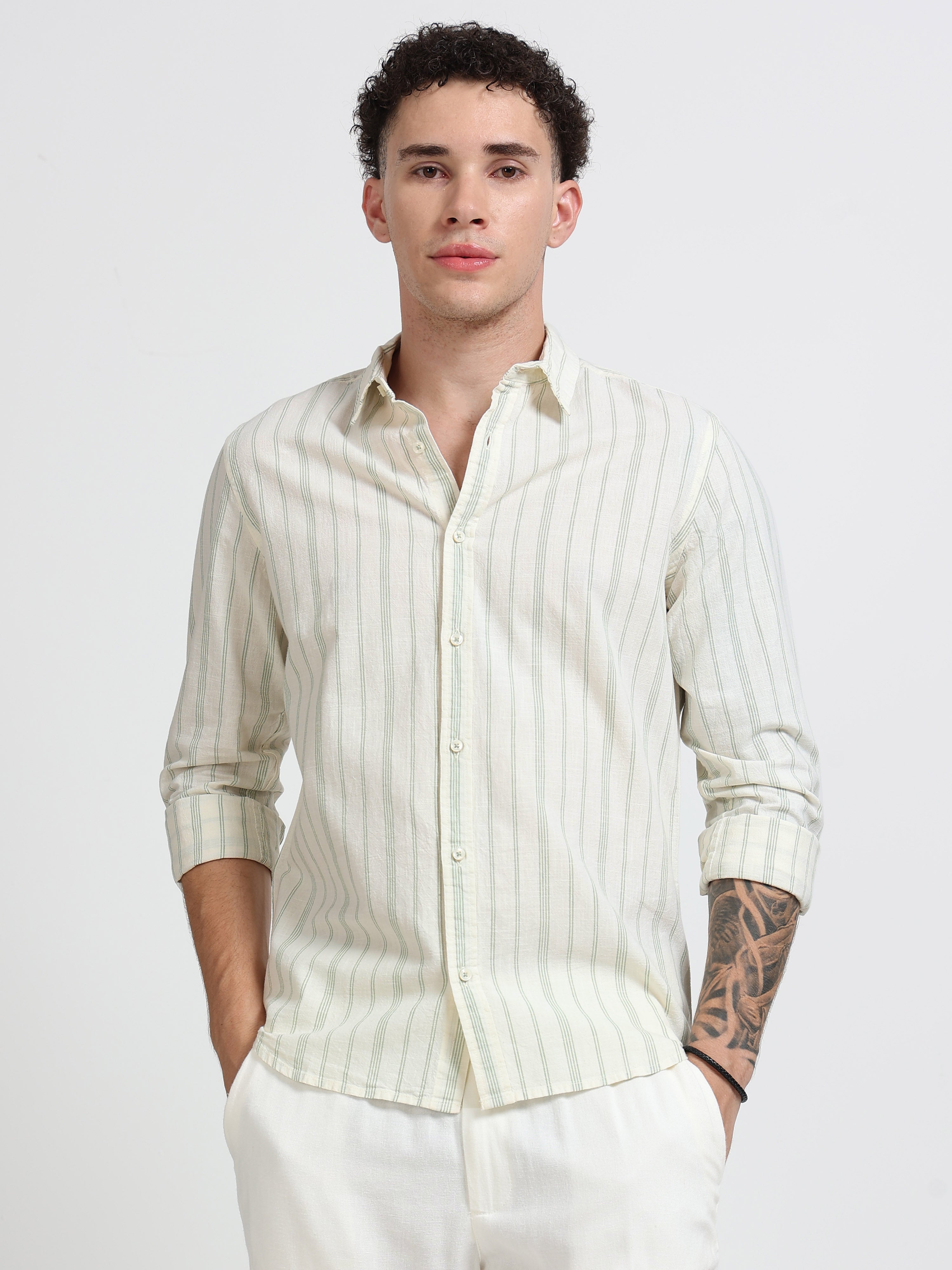 Men Green Vertical Stripe Shirt