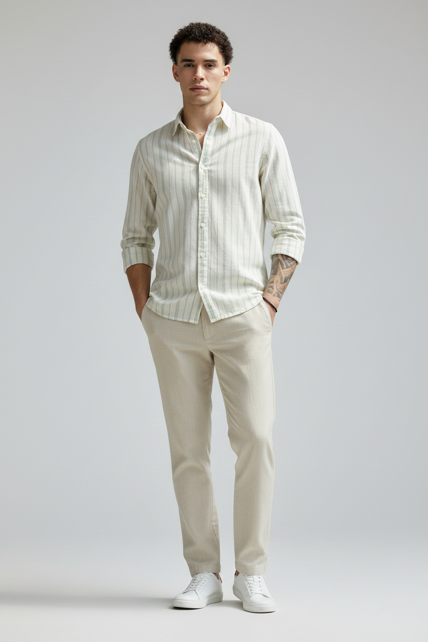 Men Green Vertical Stripe Shirt