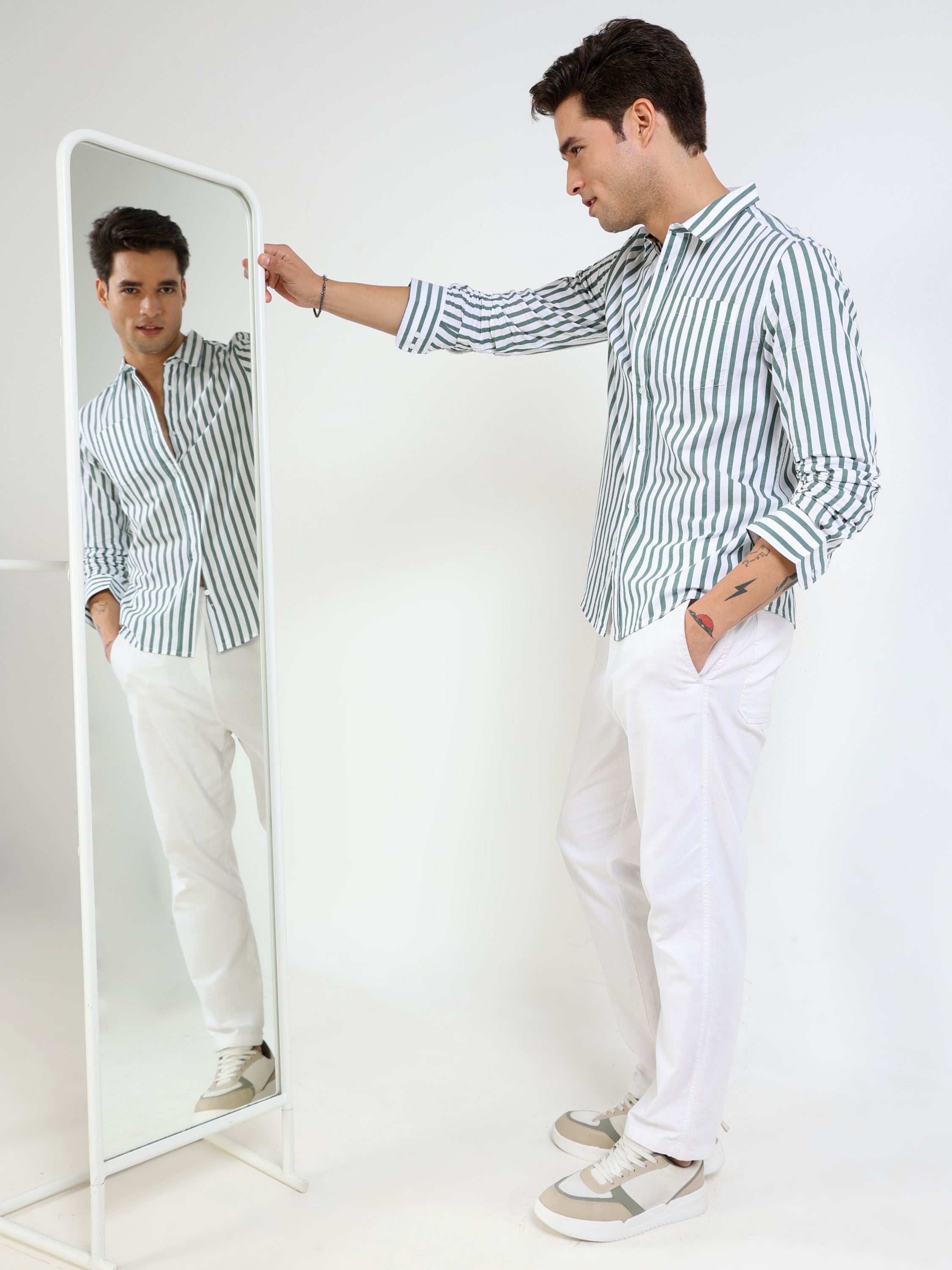Men Green & White Stripe Slim fit Shirt