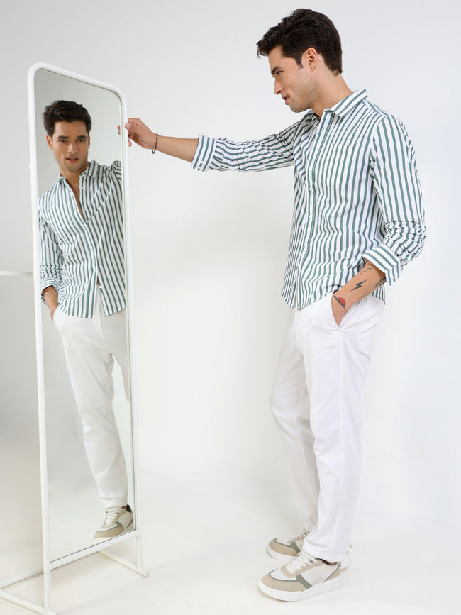 Men Green & White Stripe Slim fit Shirt