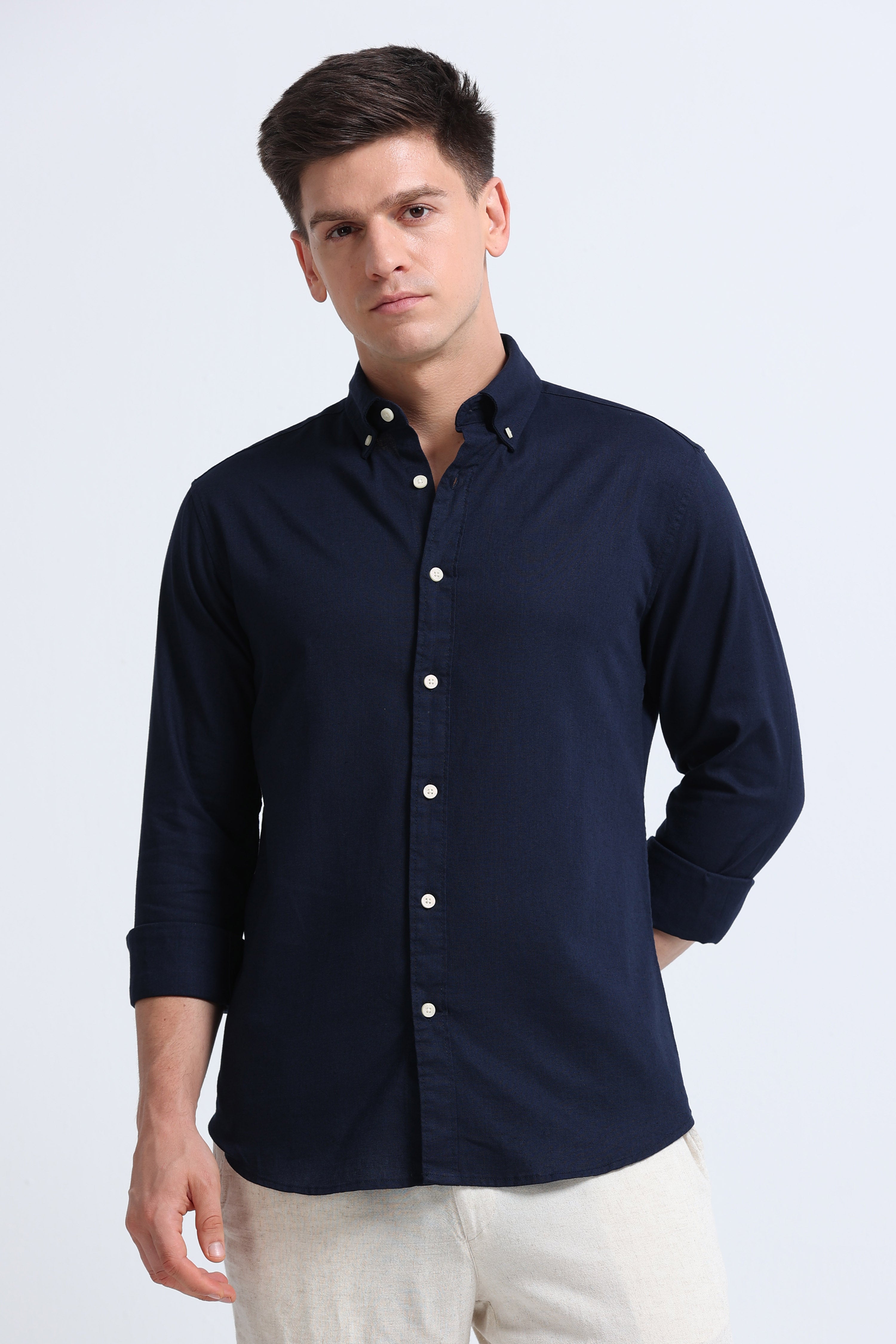 Men Navy Blue Button-Down Shirt