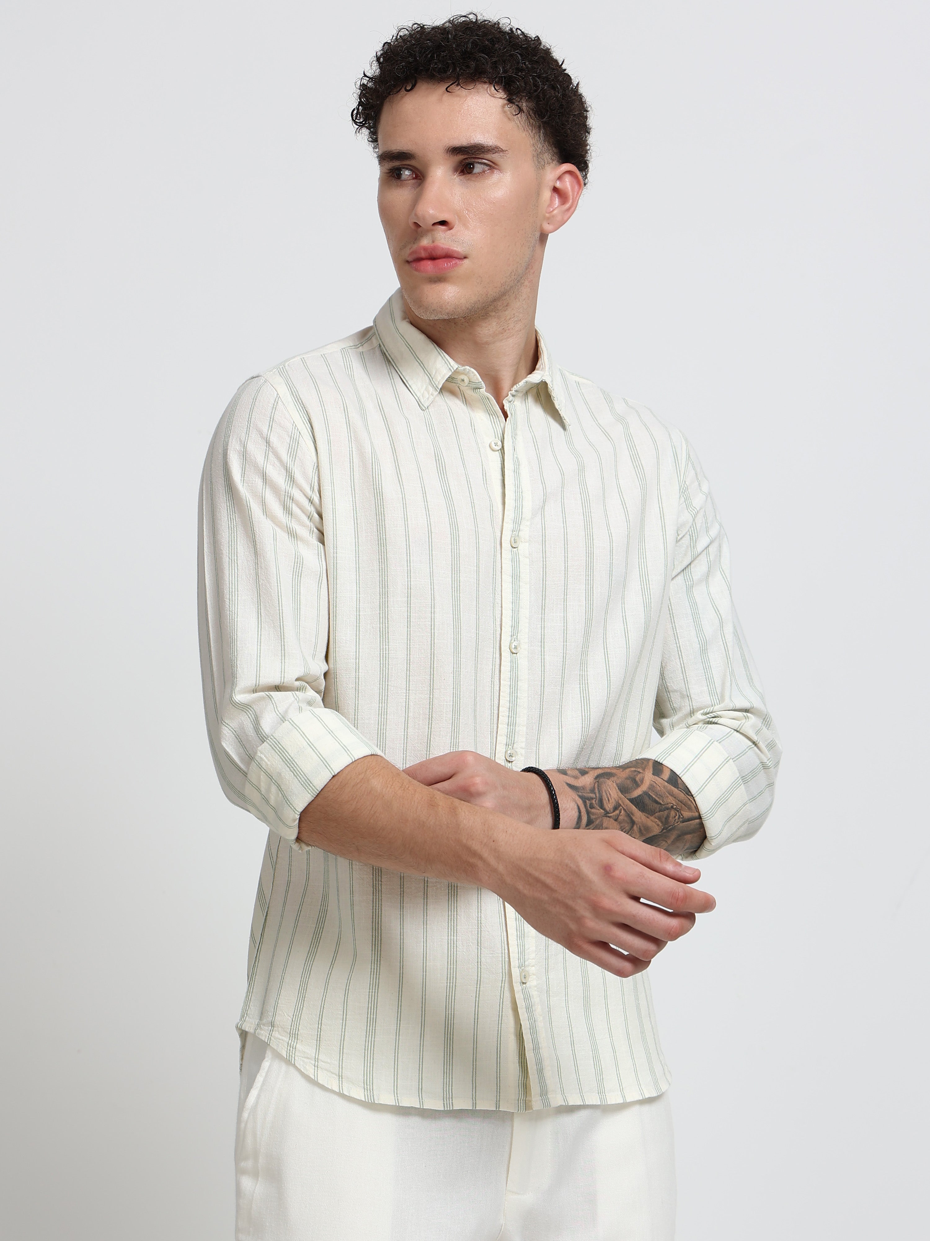 Men Green Vertical Stripe Shirt