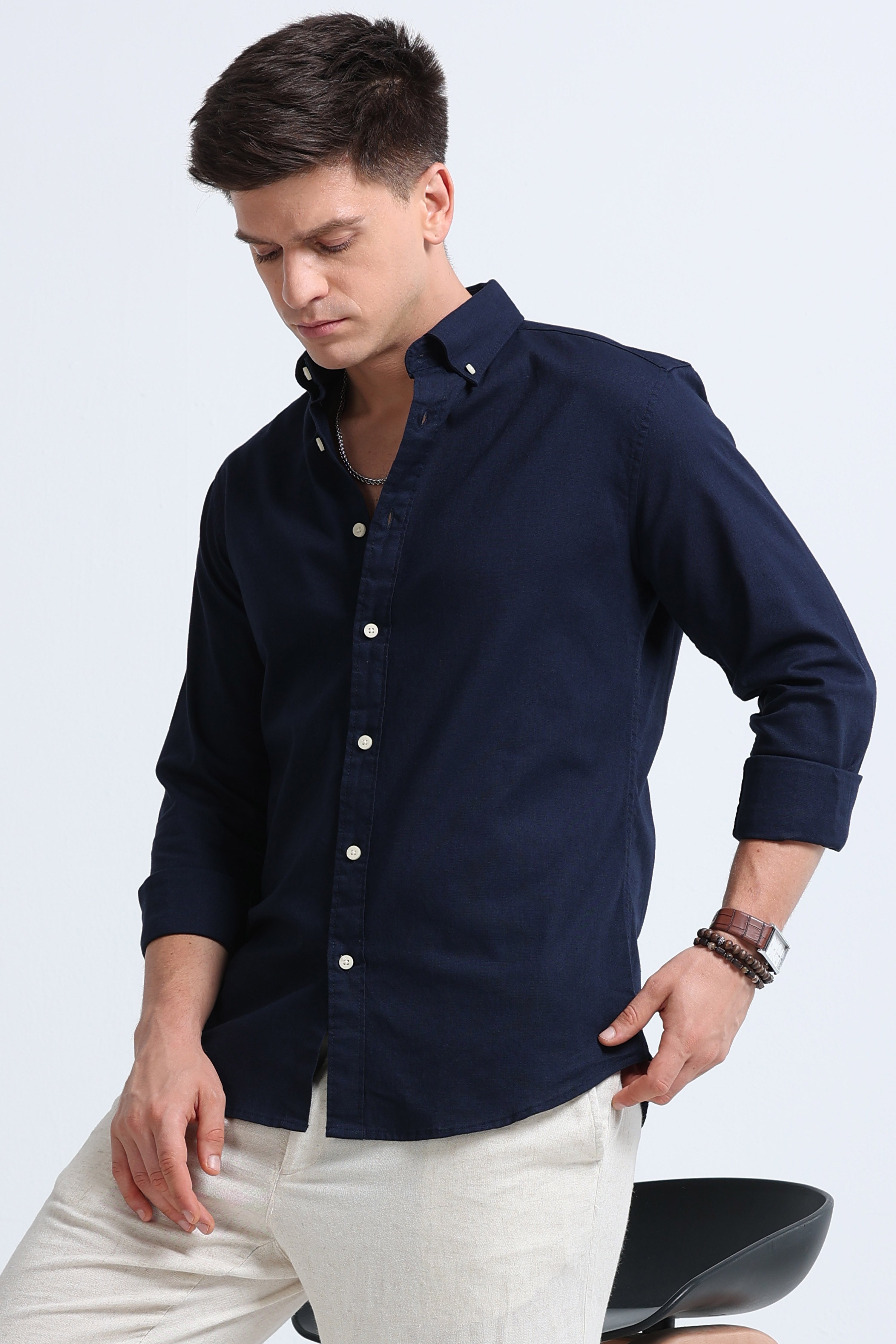 Men Navy Blue Button-Down Shirt