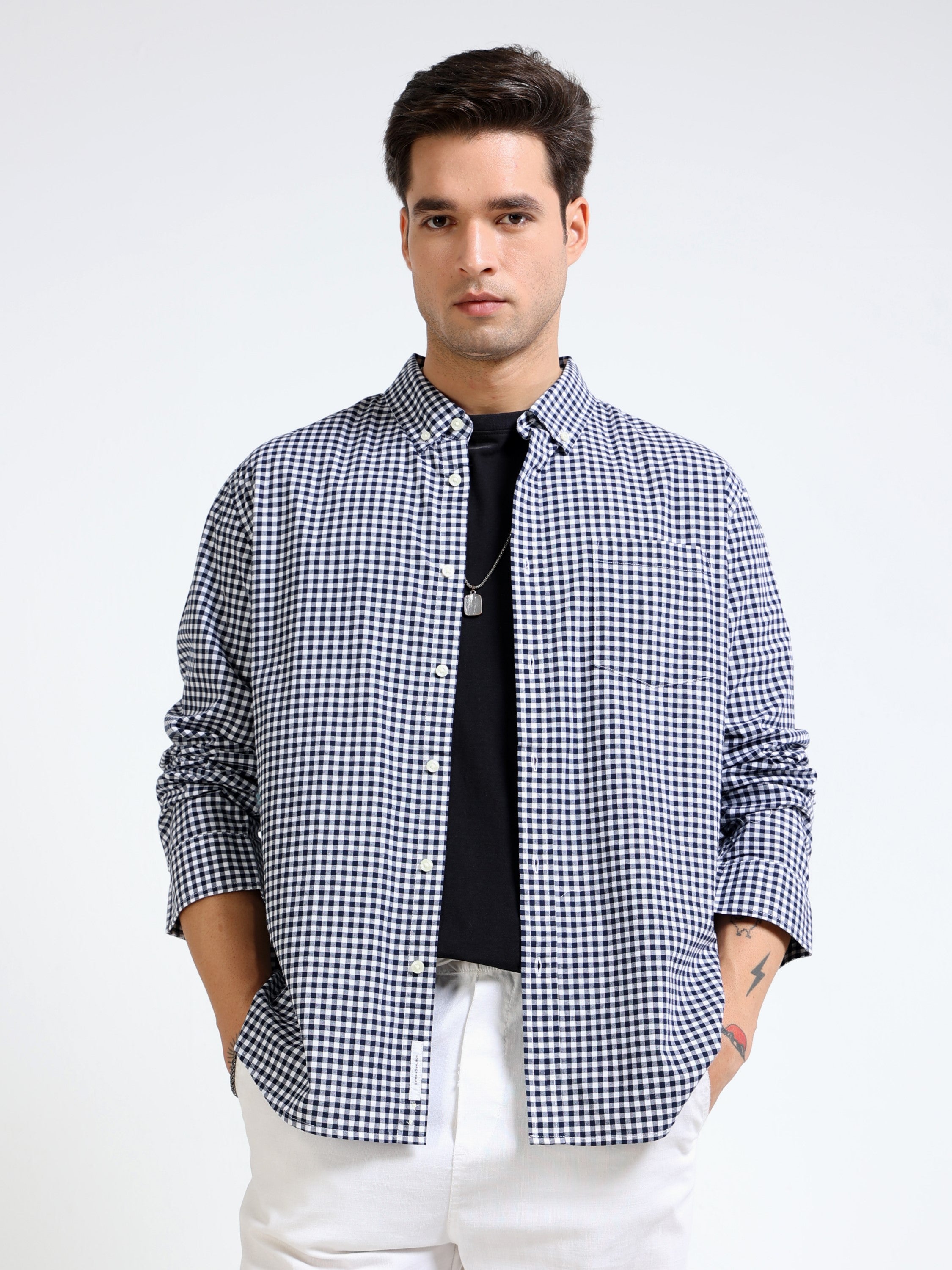 Men Black and White Check Shirt