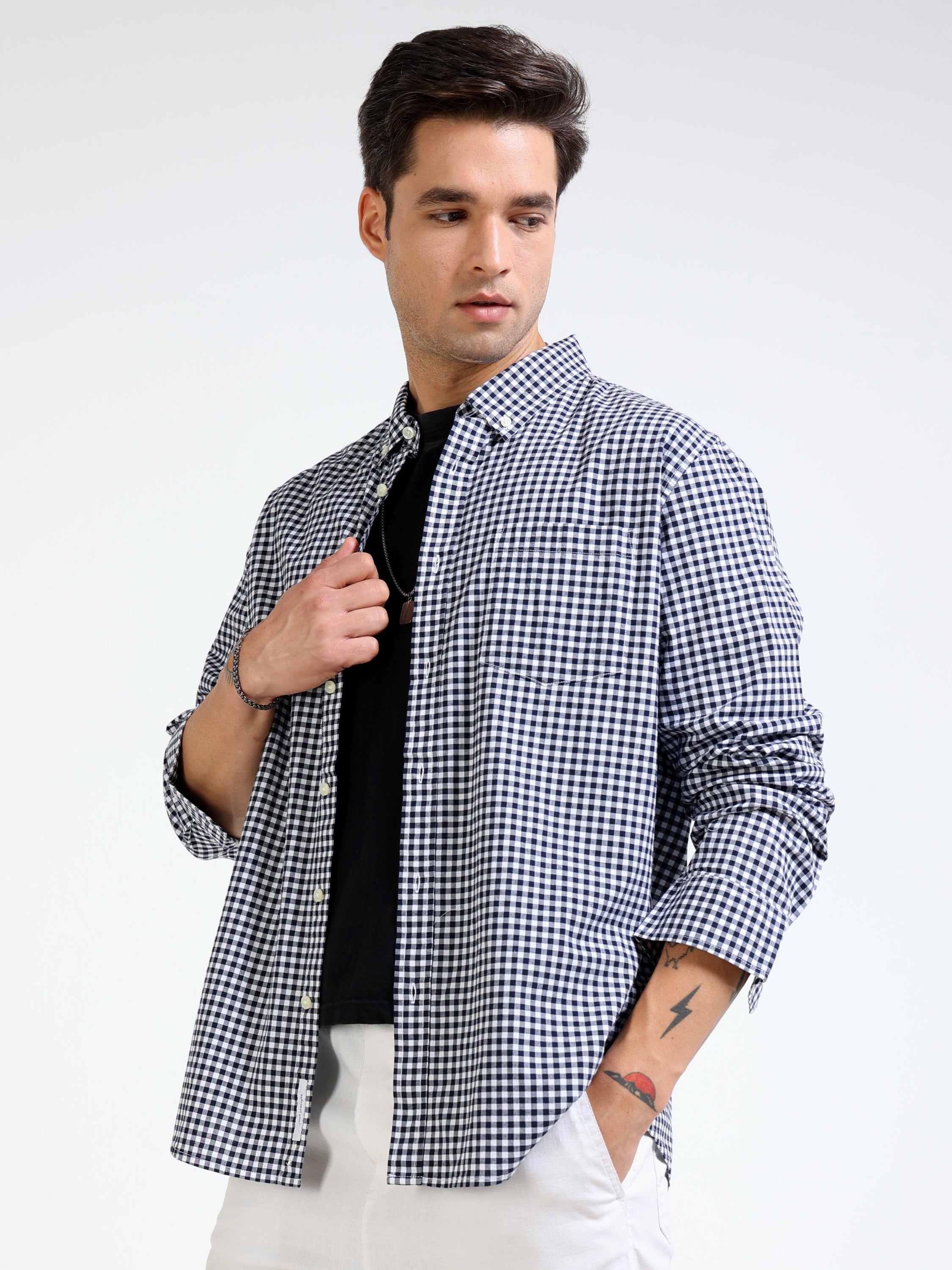 Men Black and White Check Shirt