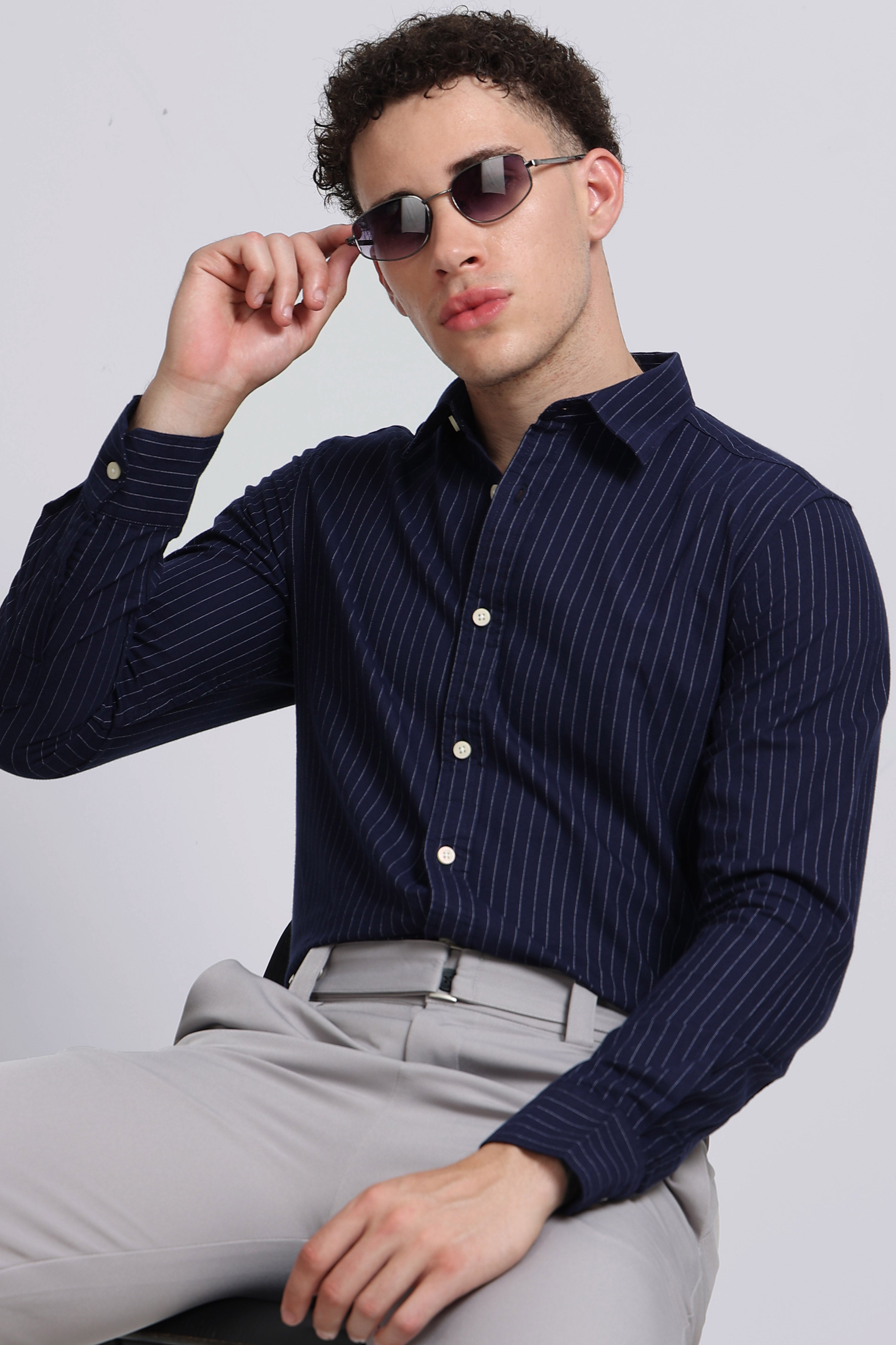 Men Navy Striped Cotton Shirt