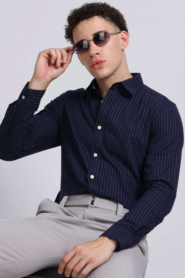 Men Navy Striped Cotton Shirt