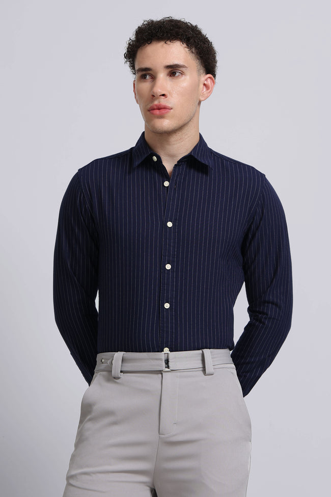 Men Navy Striped Cotton Shirt