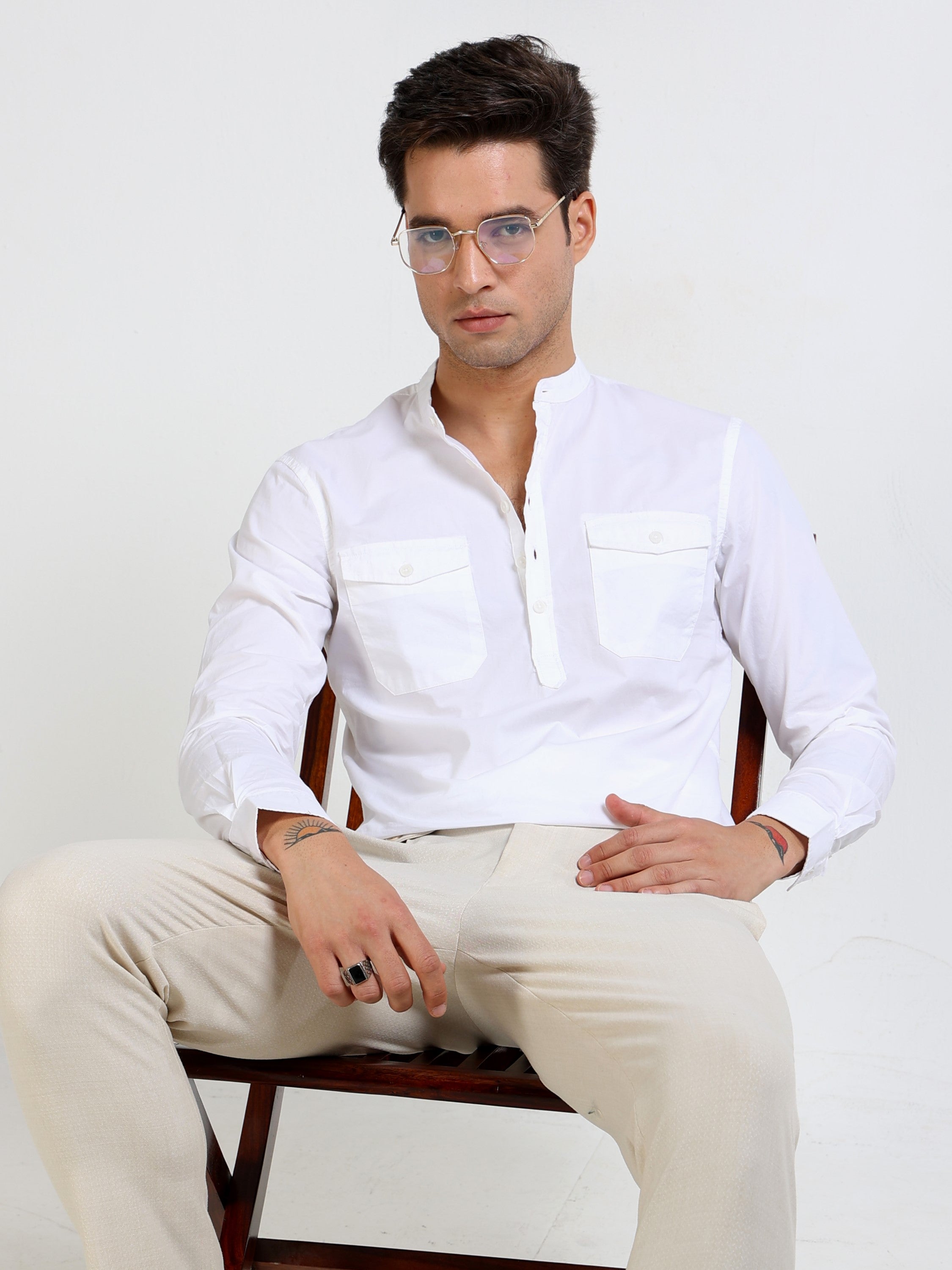 Men White Mandarin Collar Shirt
