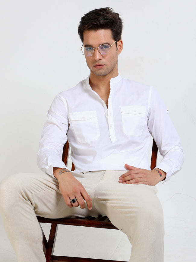 Men White Mandarin Collar Shirt