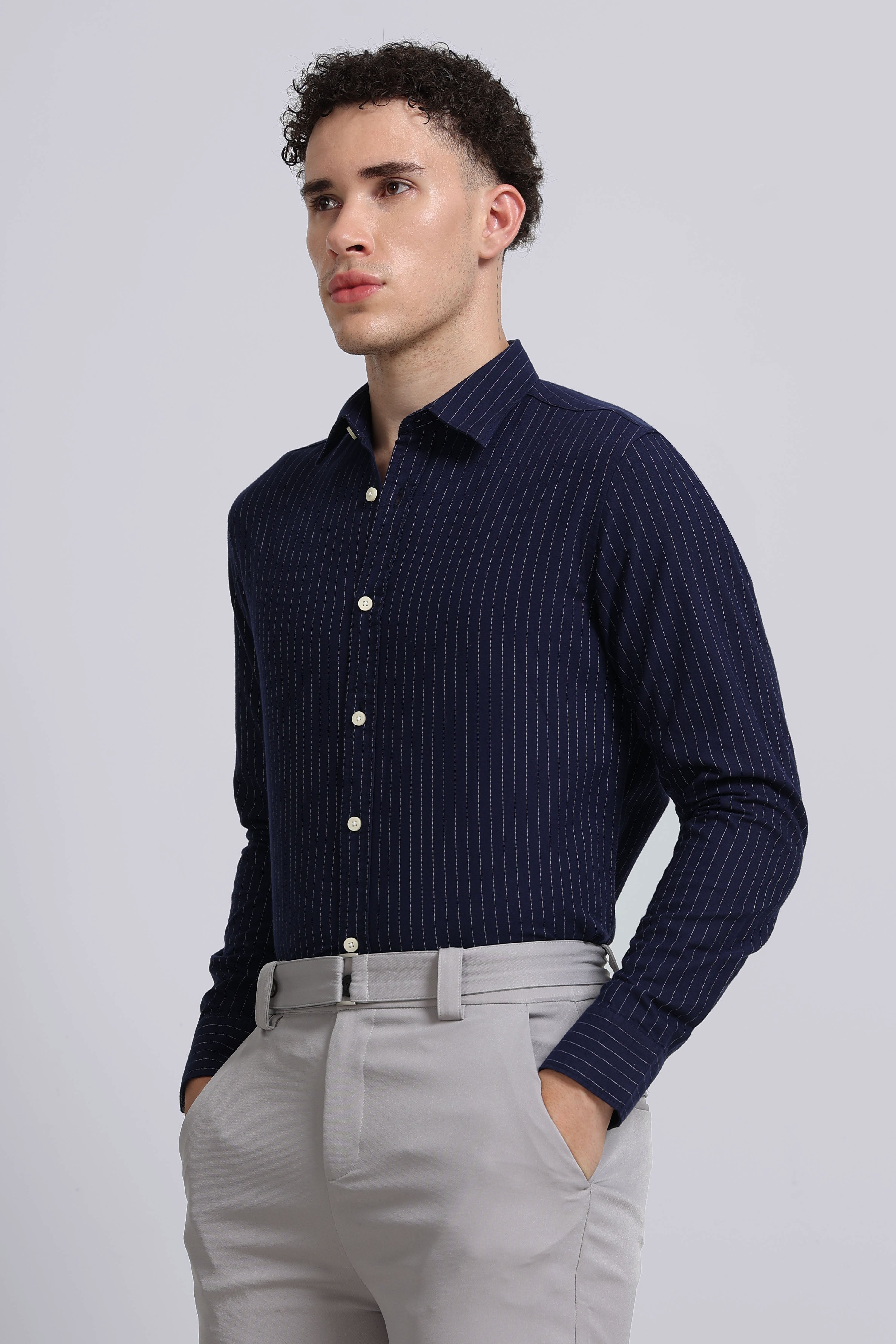 Men Navy Striped Cotton Shirt