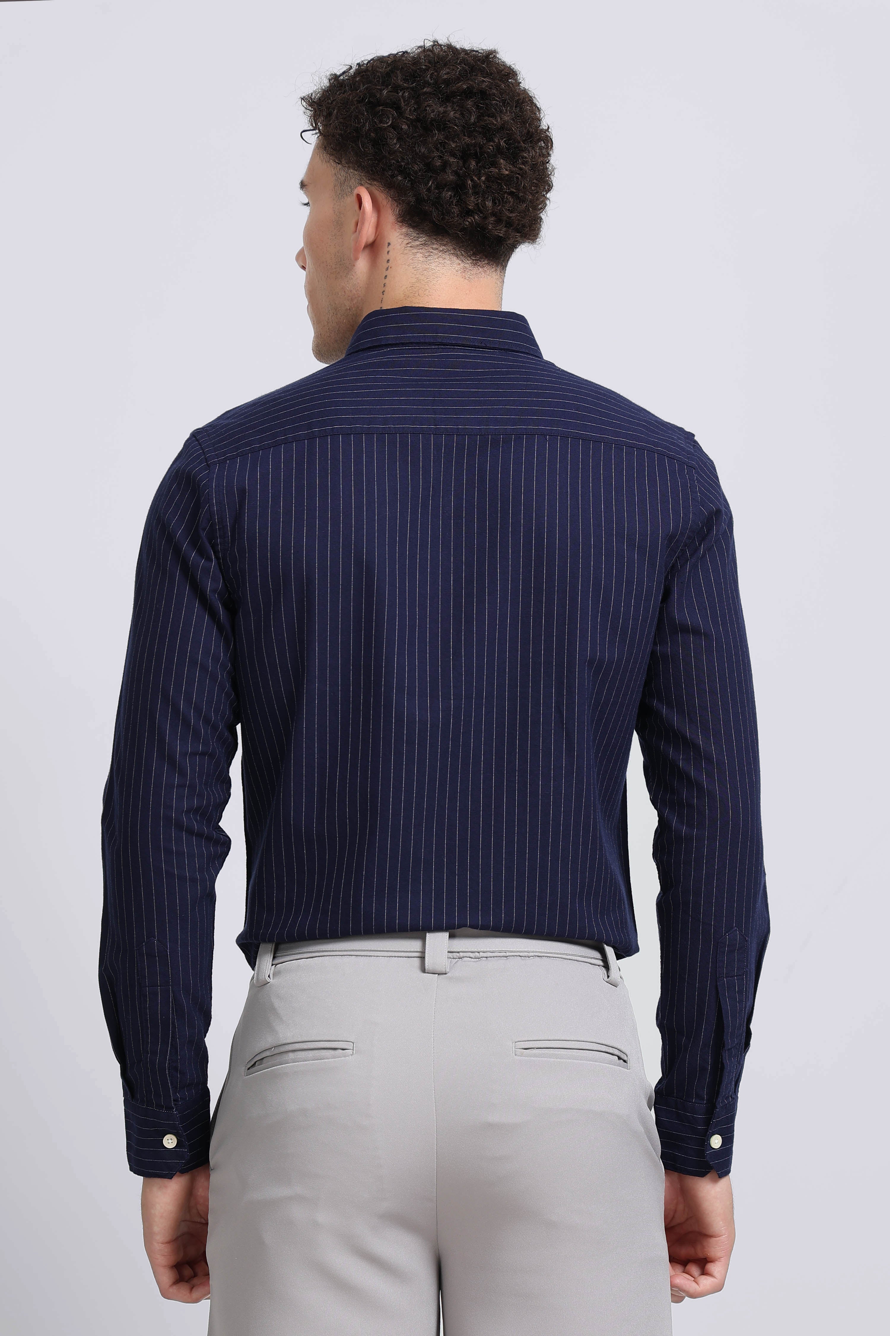 Men Navy Striped Cotton Shirt
