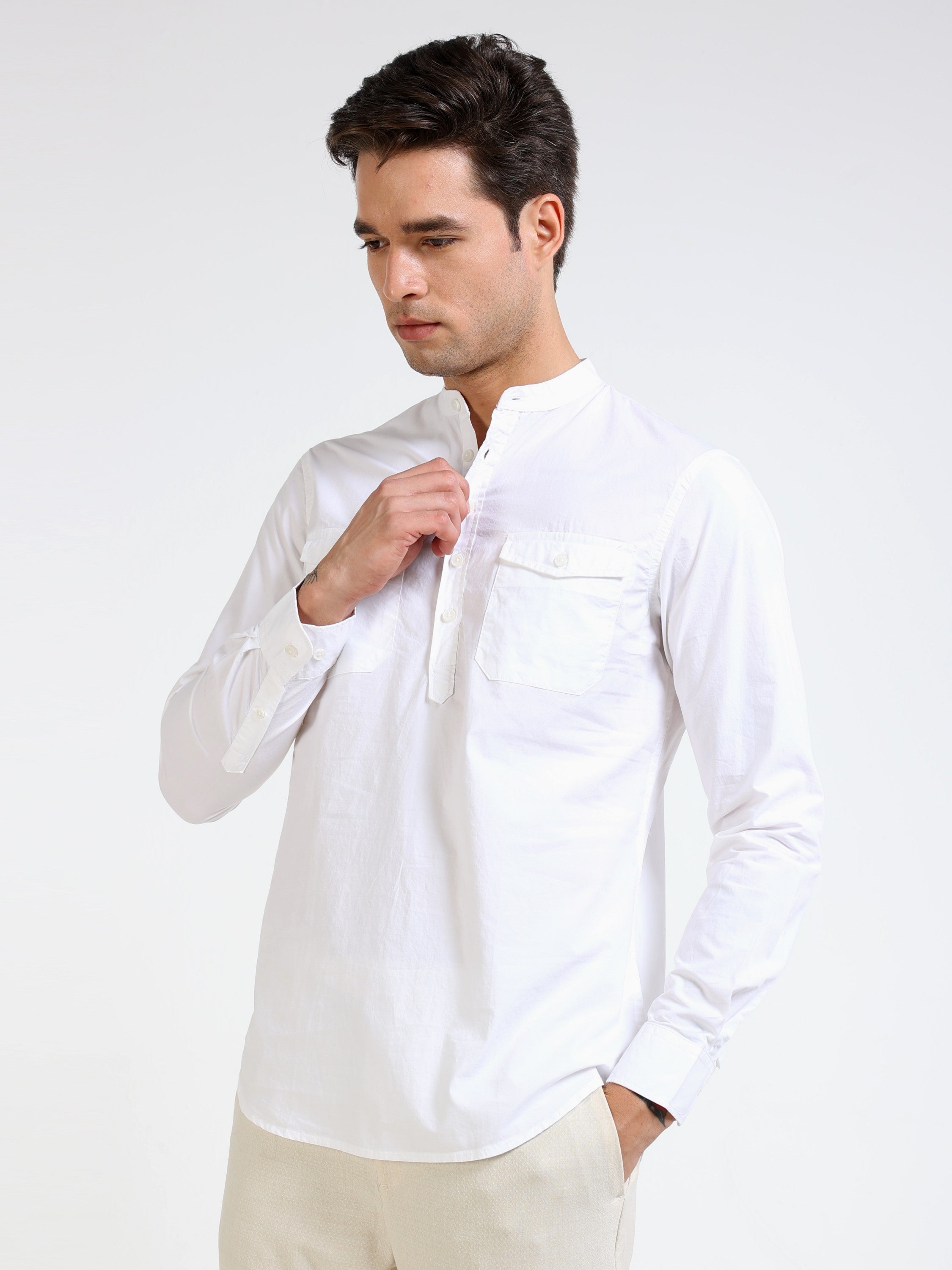 Men White Mandarin Collar Shirt