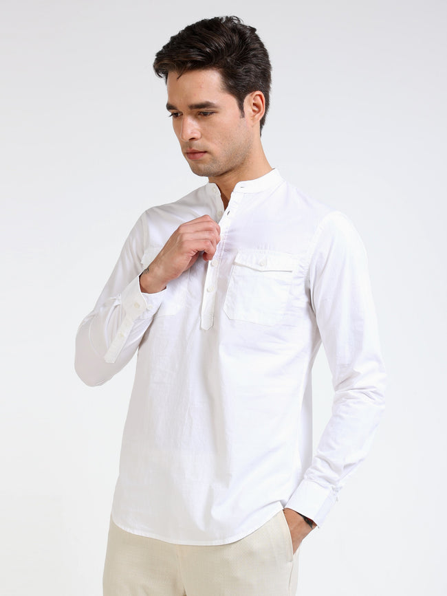 Men White Mandarin Collar Shirt