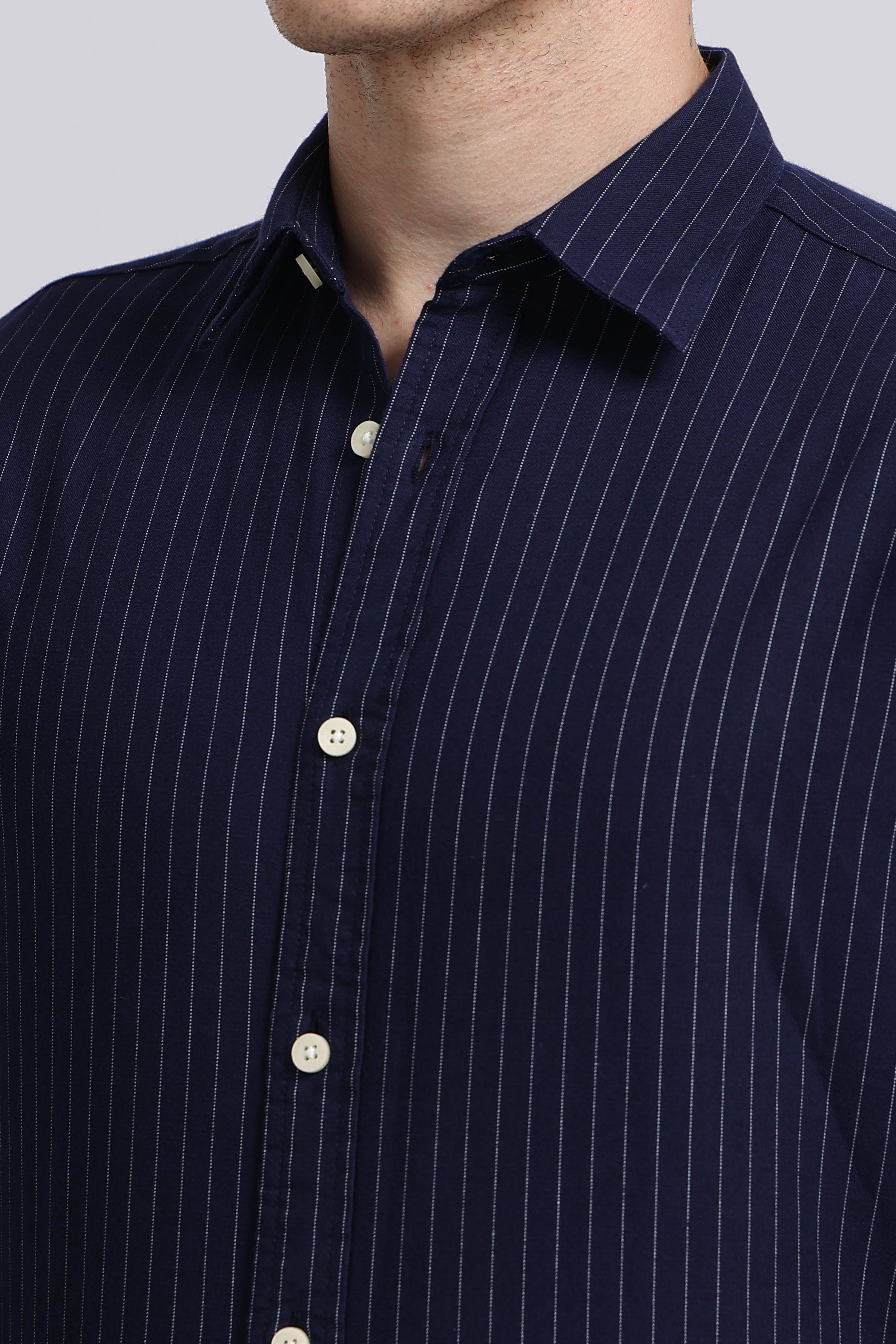 Men Navy Striped Cotton Shirt