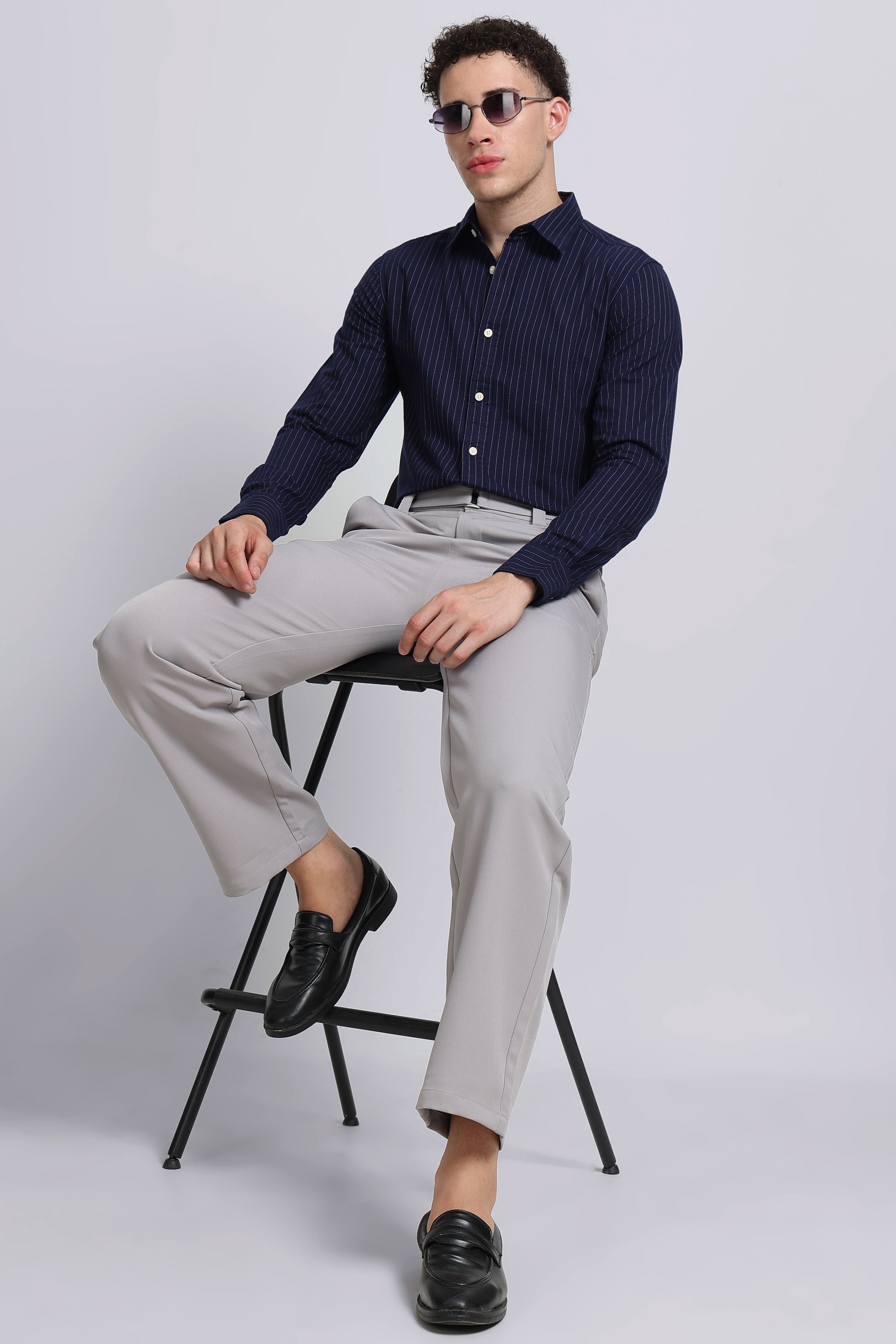 Men Navy Striped Cotton Shirt