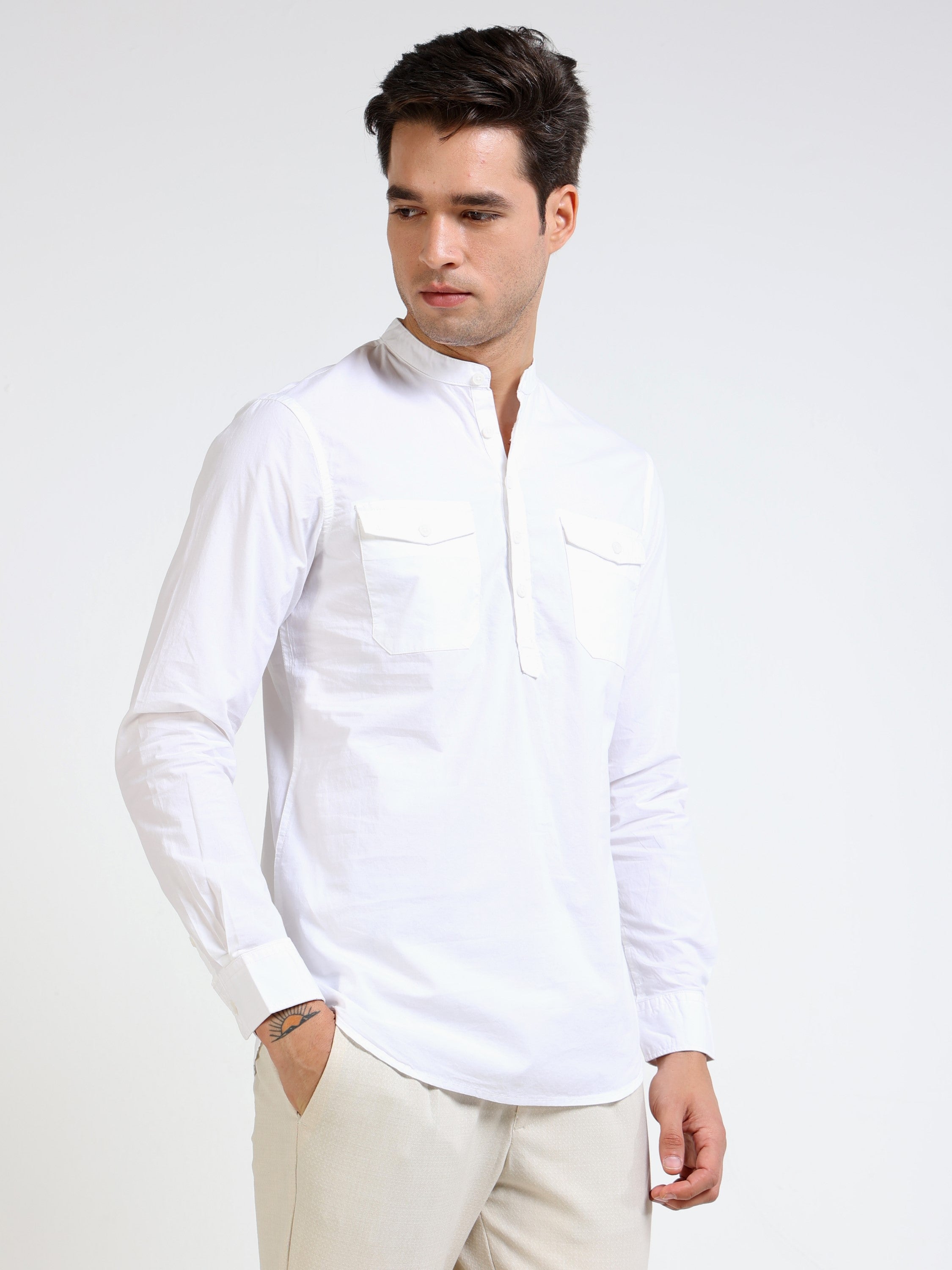 Men White Mandarin Collar Shirt