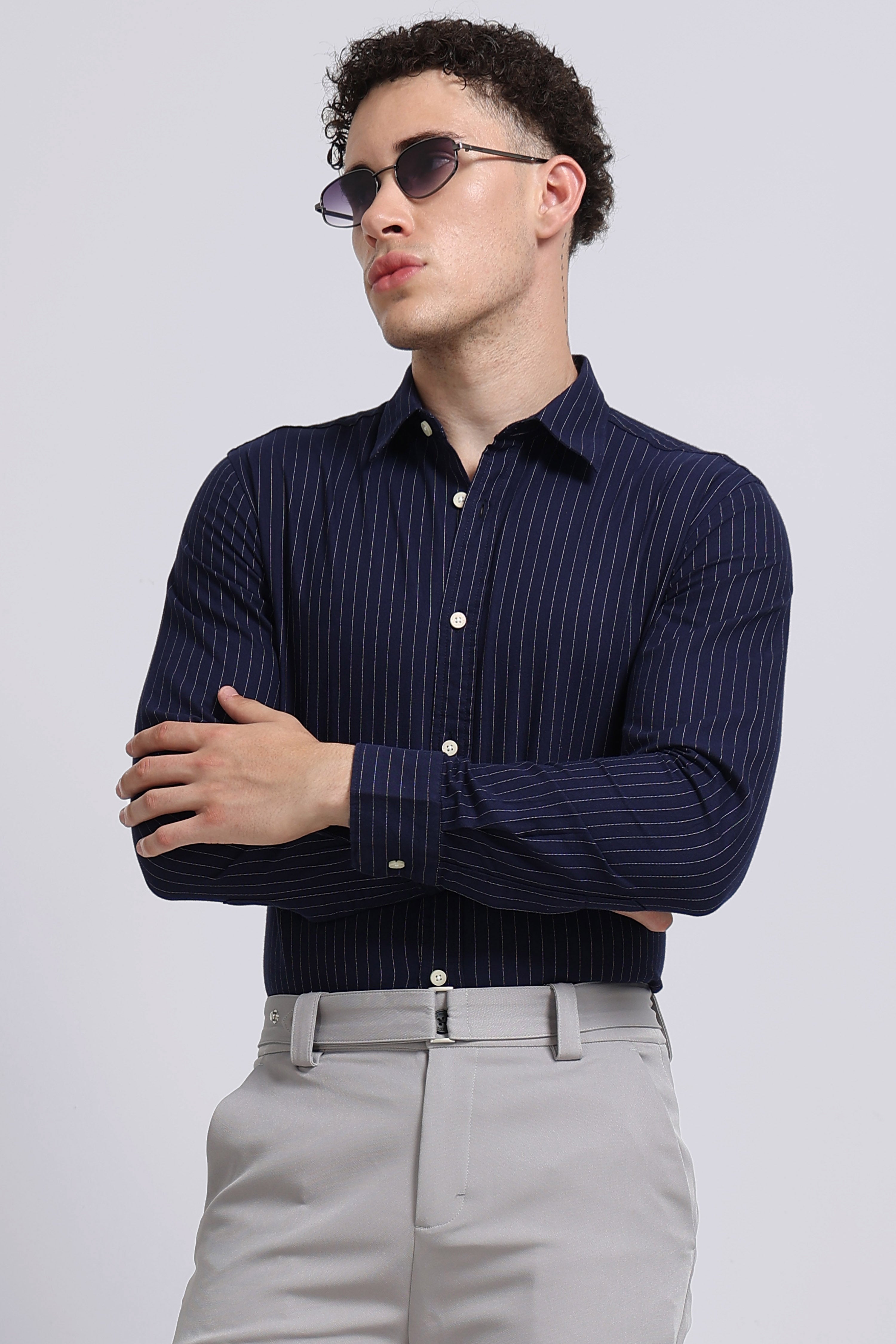 Men Navy Striped Cotton Shirt