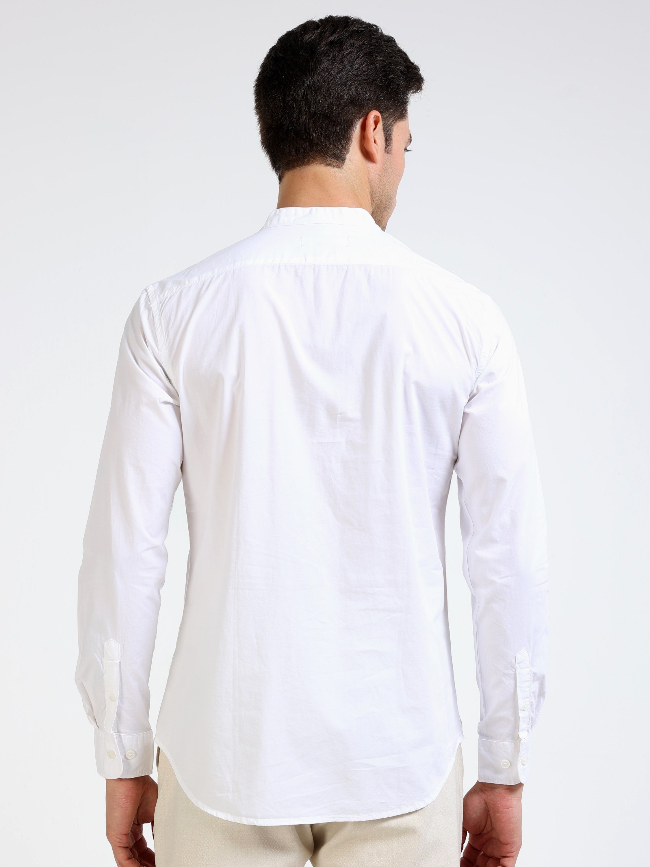 Men White Mandarin Collar Shirt