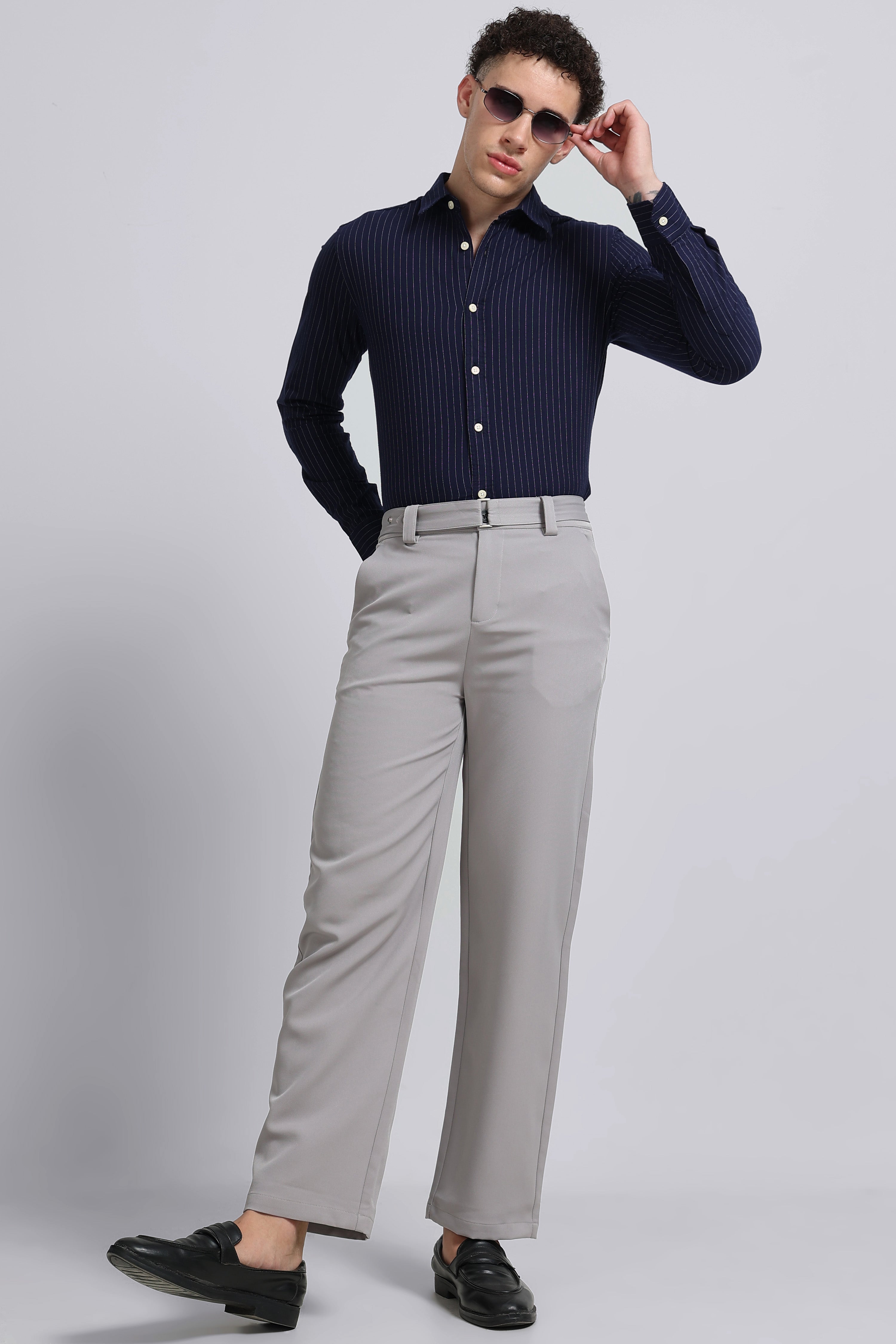 Men Navy Striped Cotton Shirt