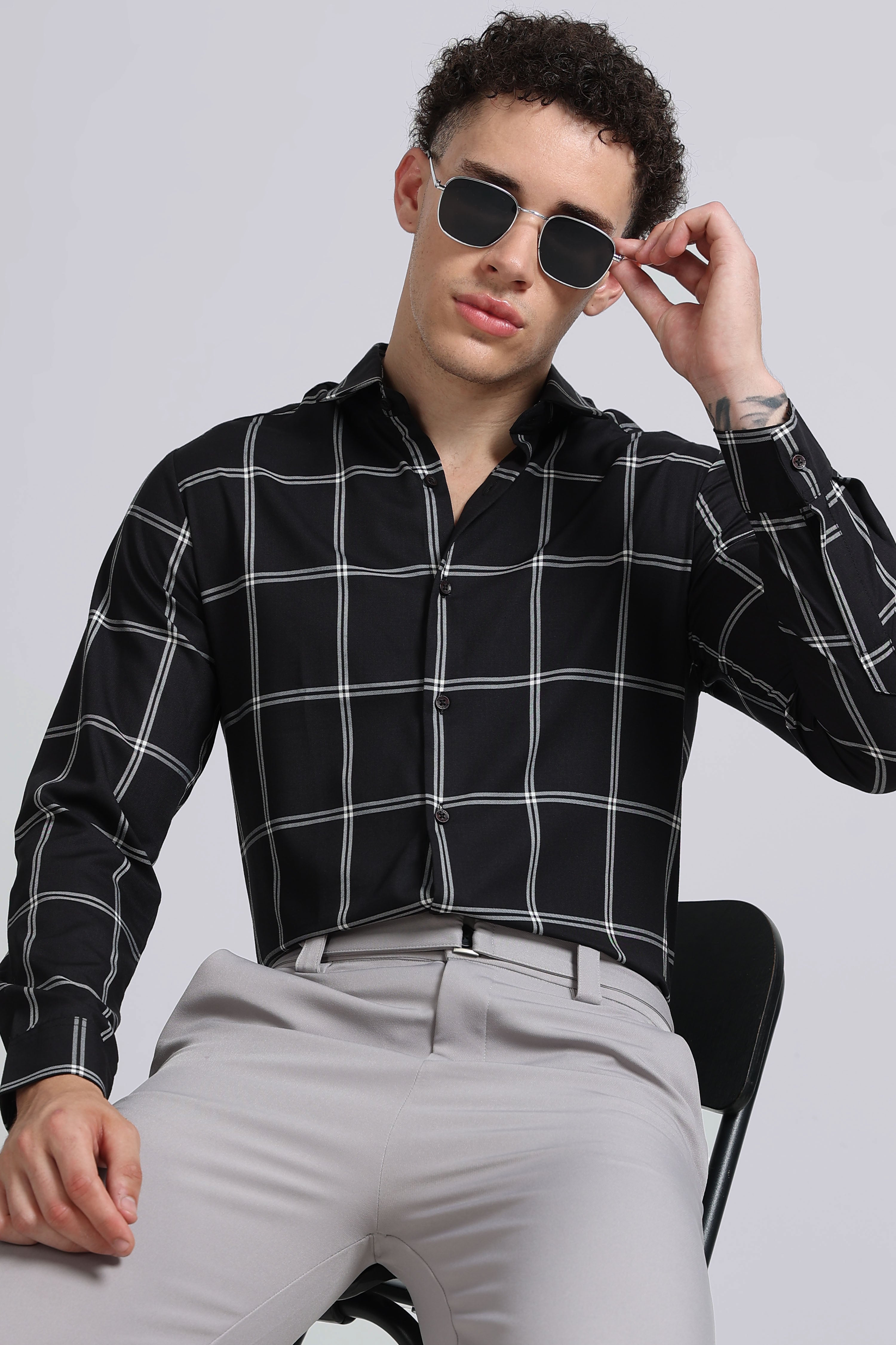 Men Black Premium Checked Shirt