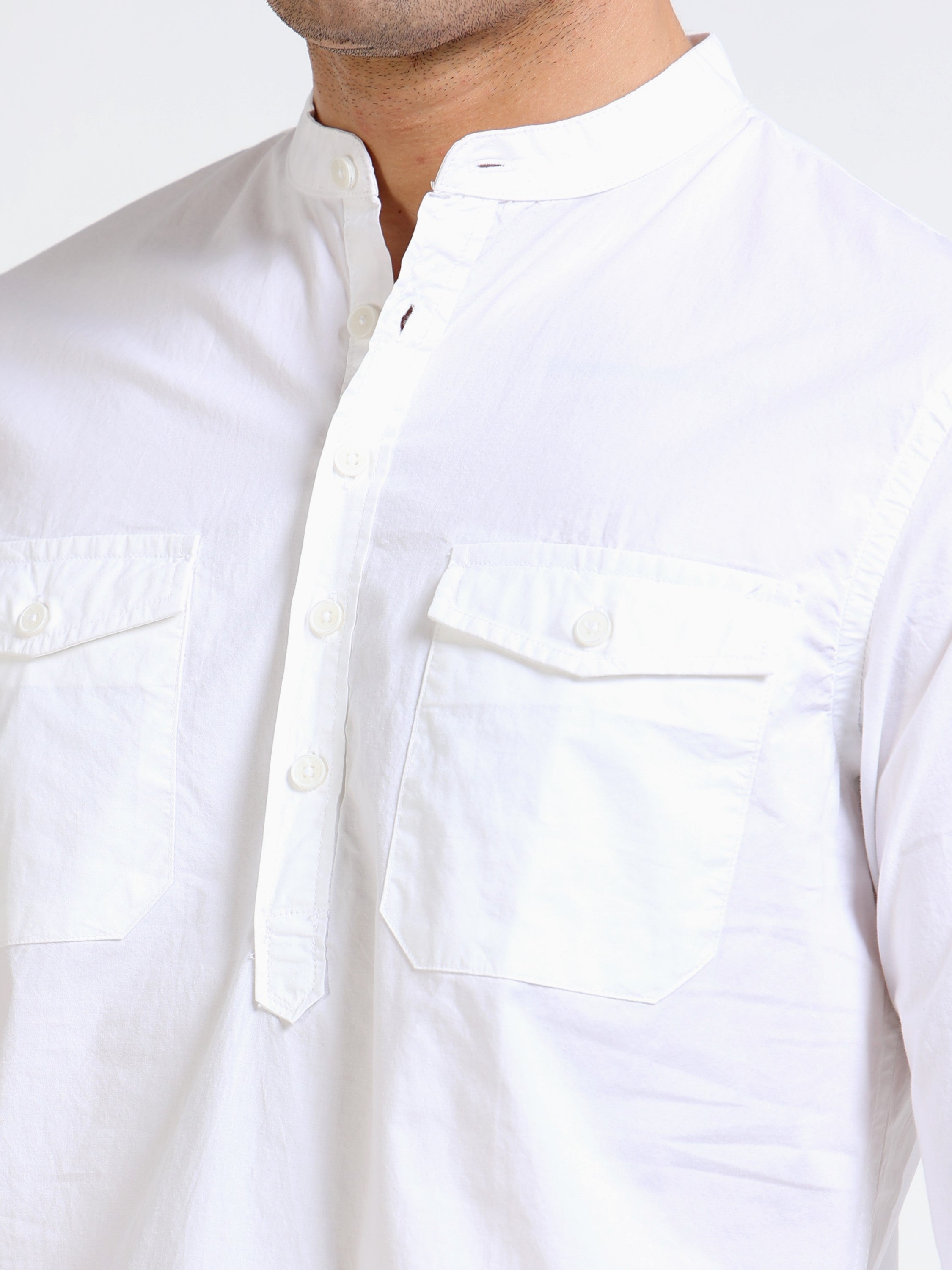 Men White Mandarin Collar Shirt