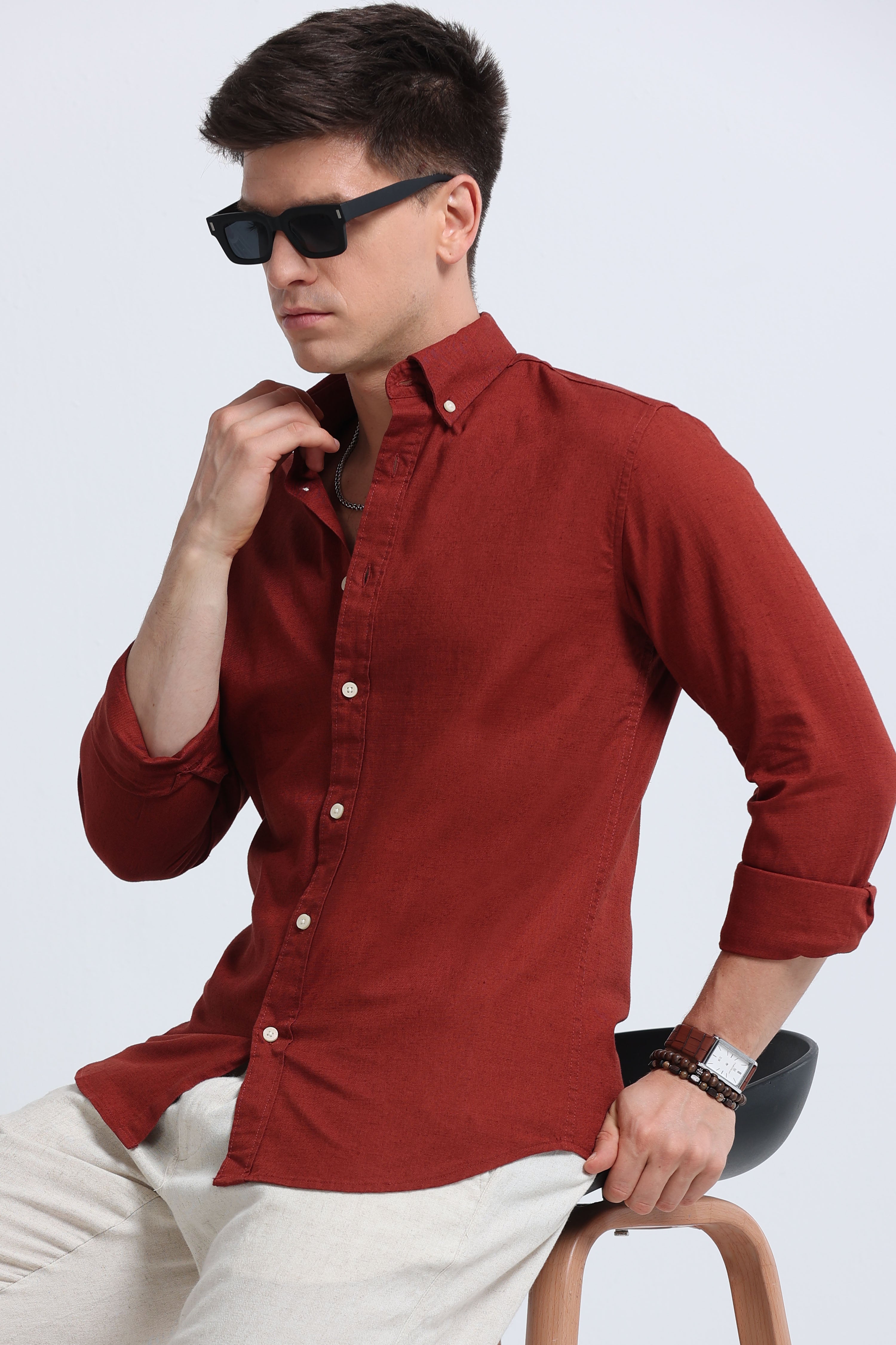 Men Brown Button-Down Shirt