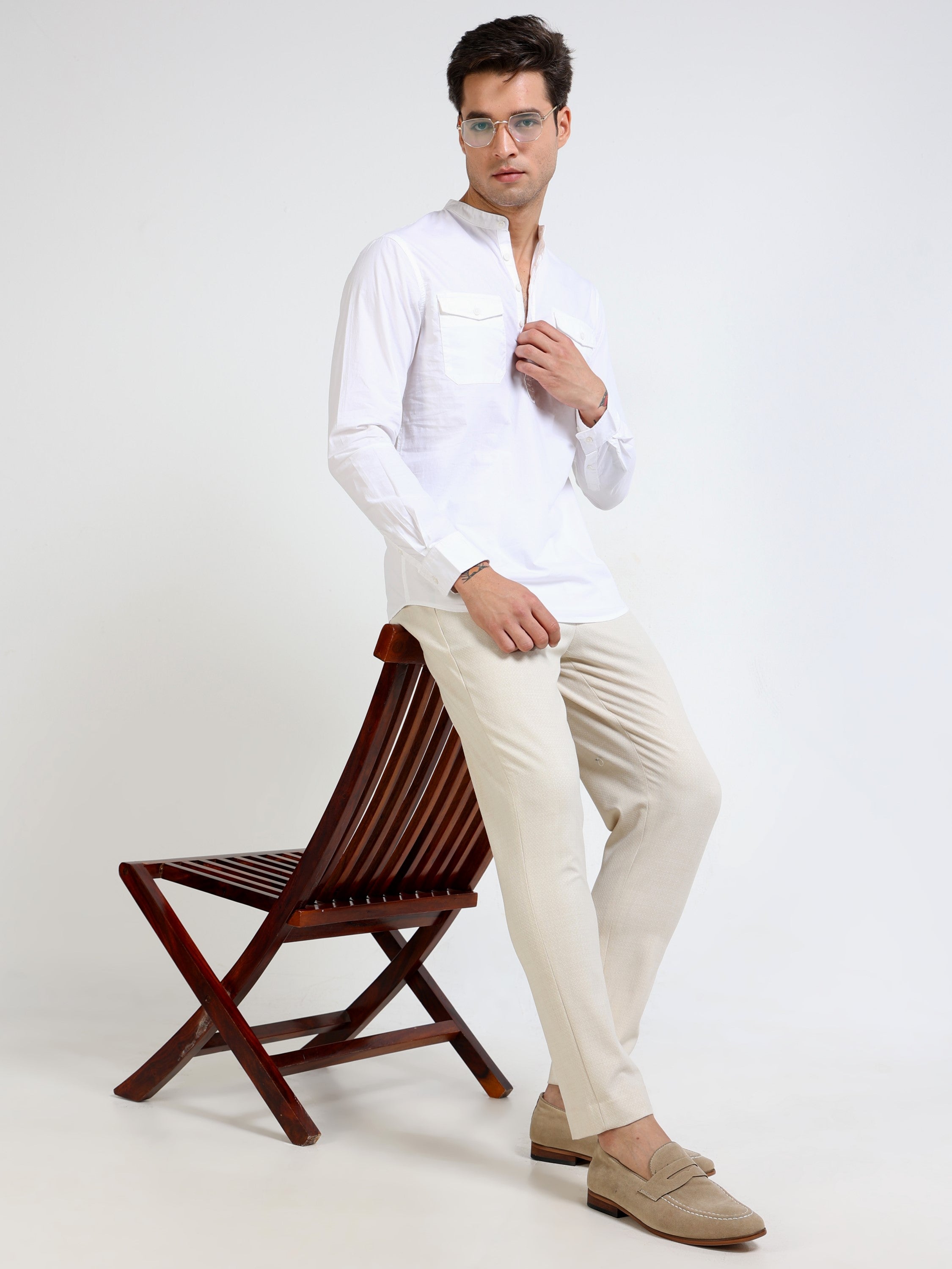 Men White Mandarin Collar Shirt