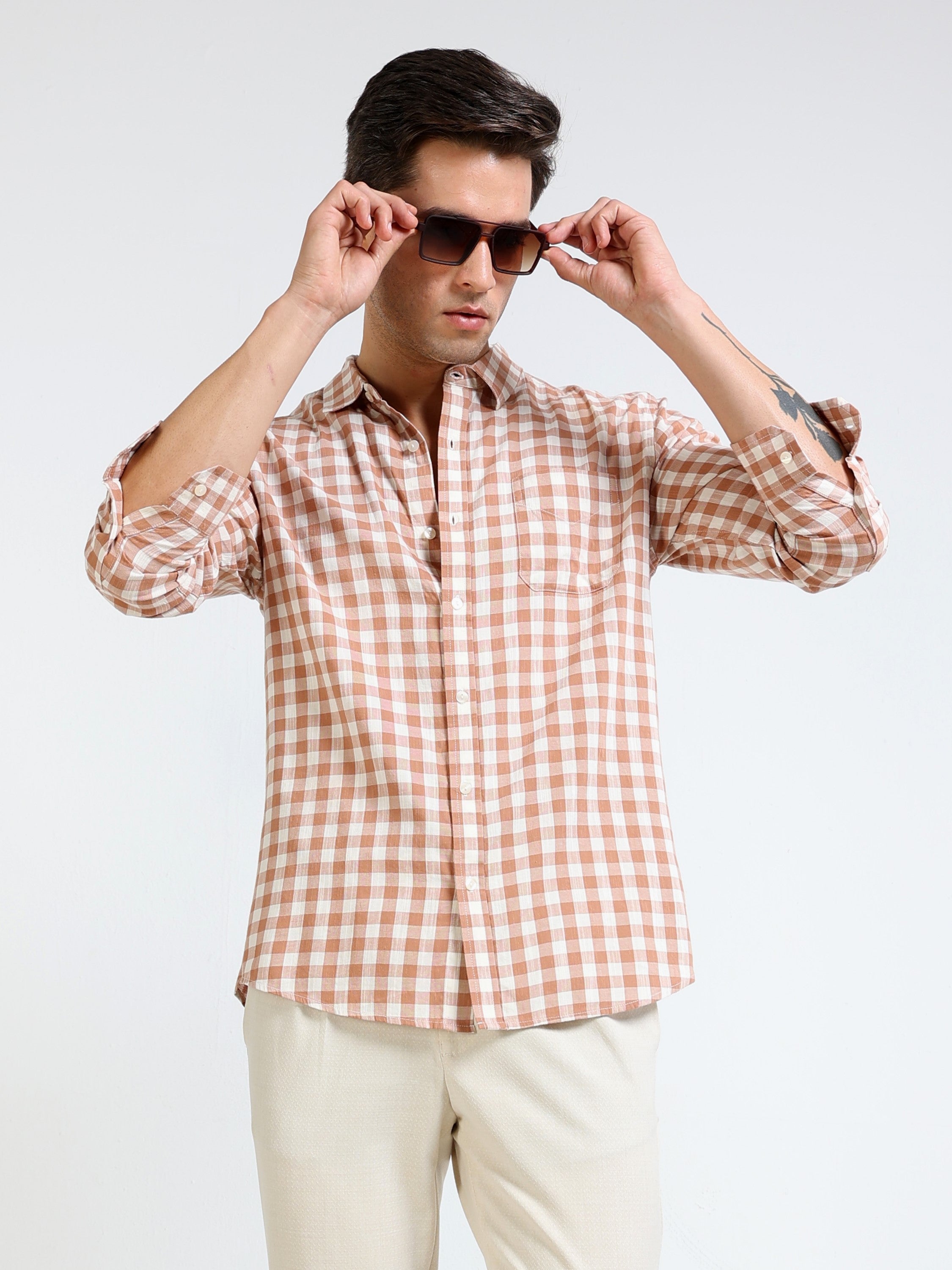 Men Brown & White Check Slim Fit Shirt