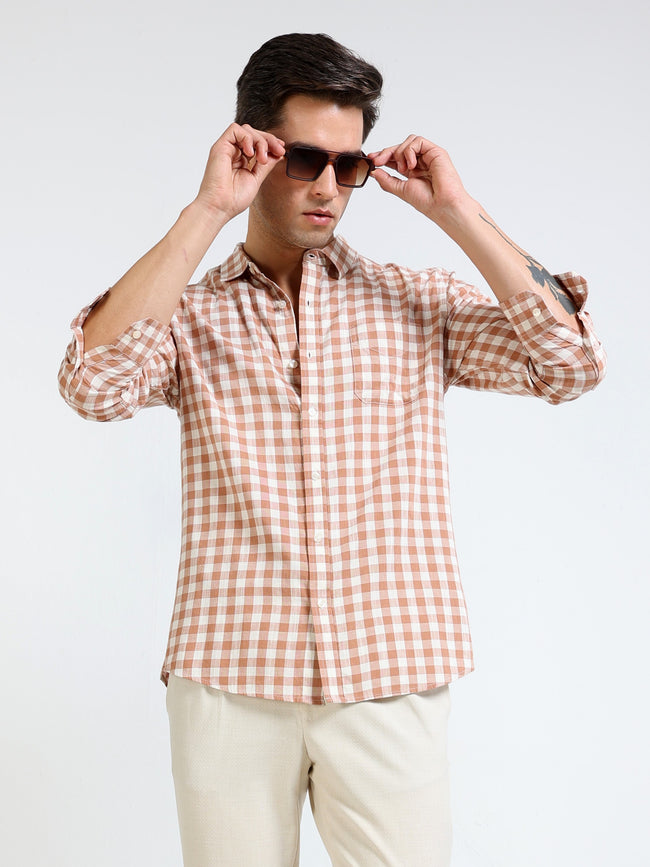 Men Brown & White Check Slim Fit Shirt
