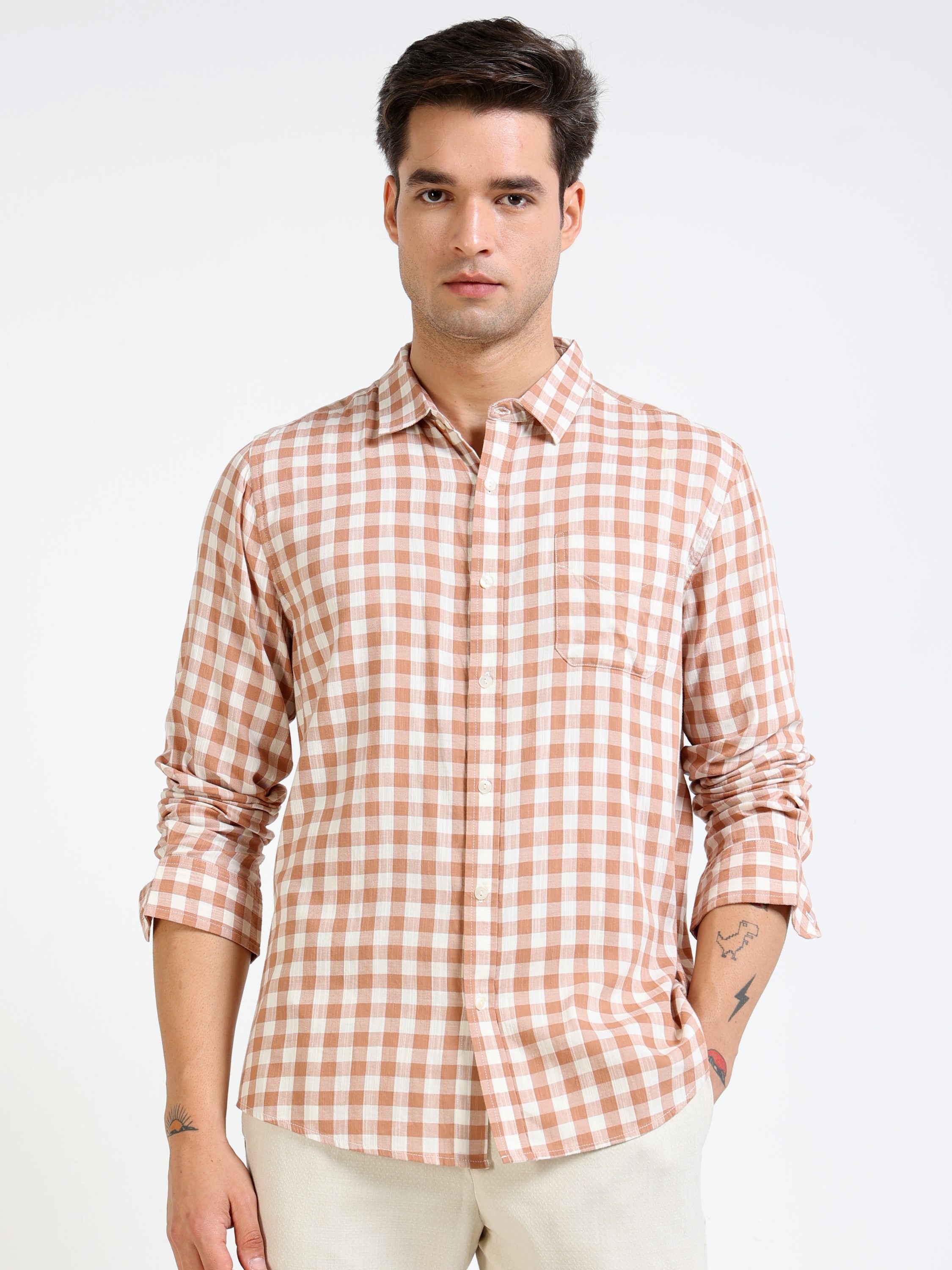 Men Brown & White Check Slim Fit Shirt