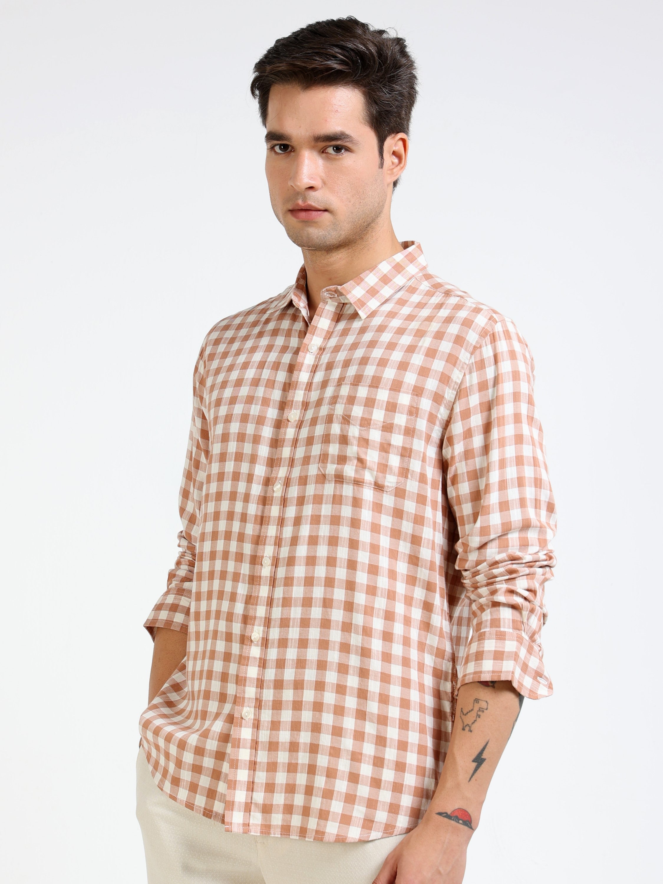 Men Brown & White Check Slim Fit Shirt