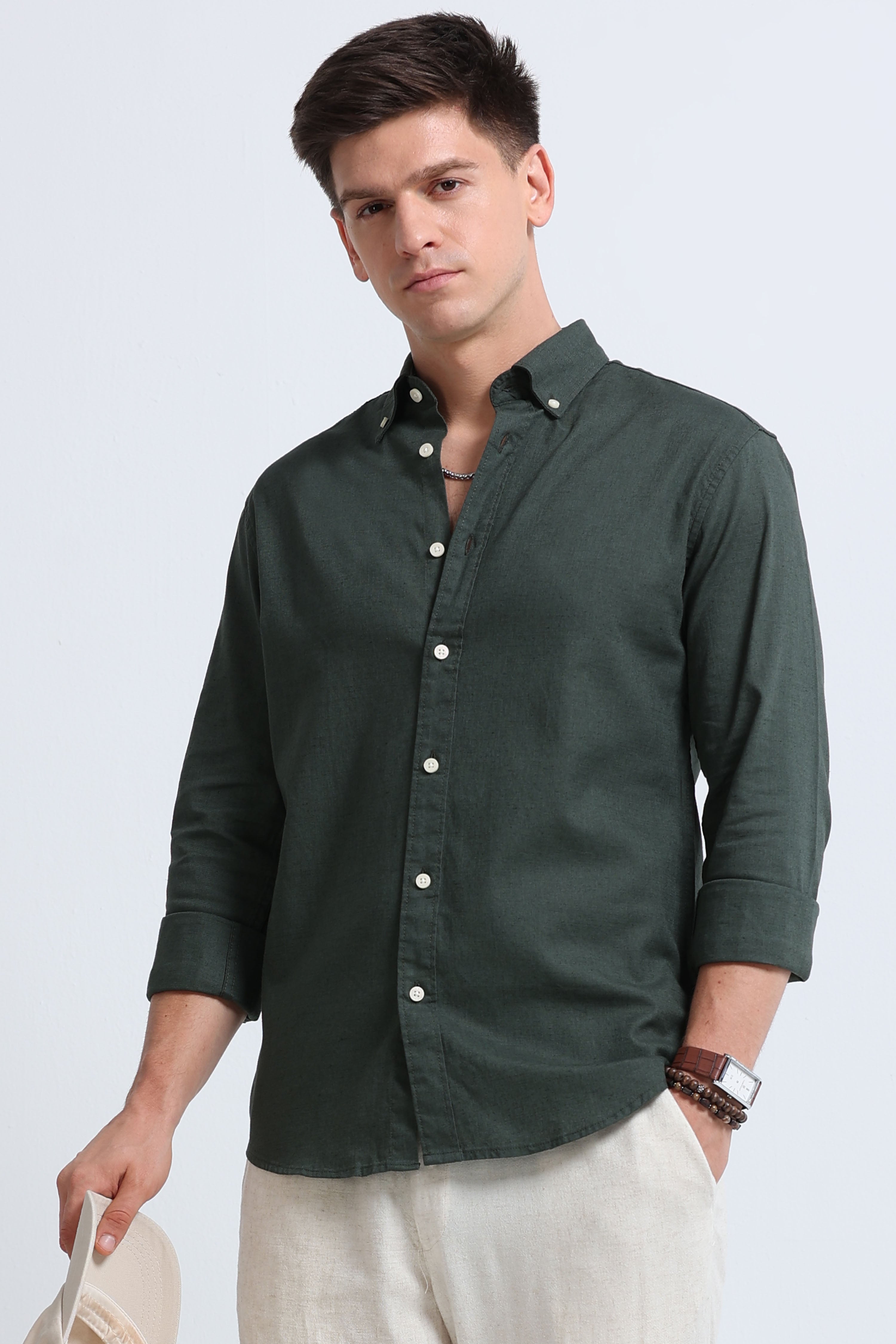 Men Green Button-Down Shirt