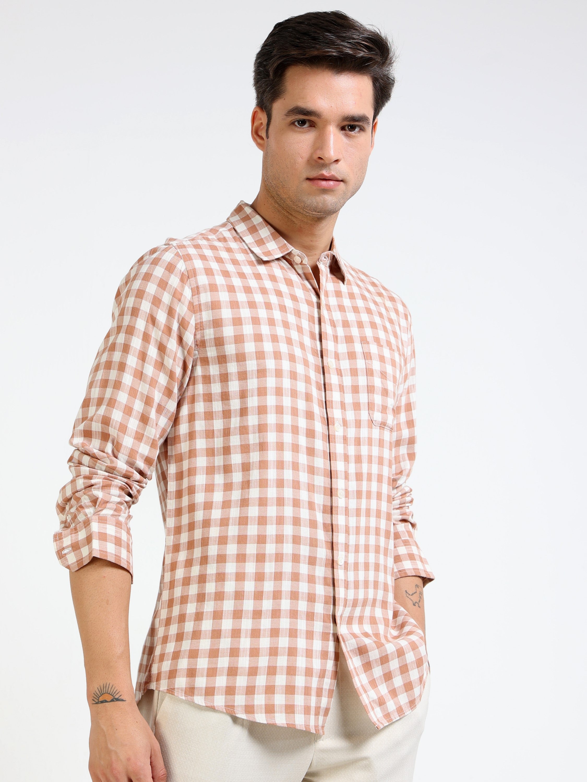 Men Brown & White Check Slim Fit Shirt