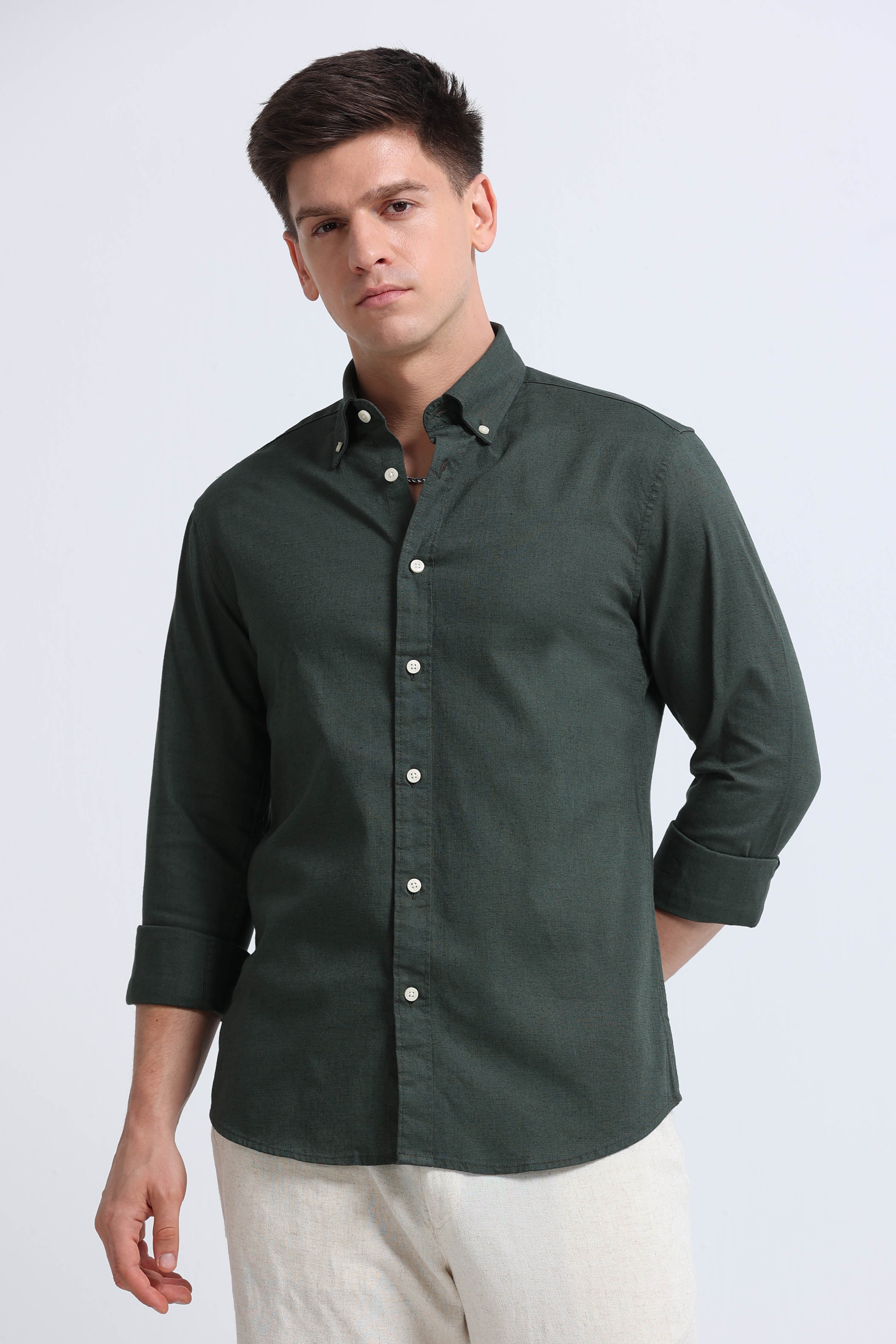 Men Green Button-Down Shirt