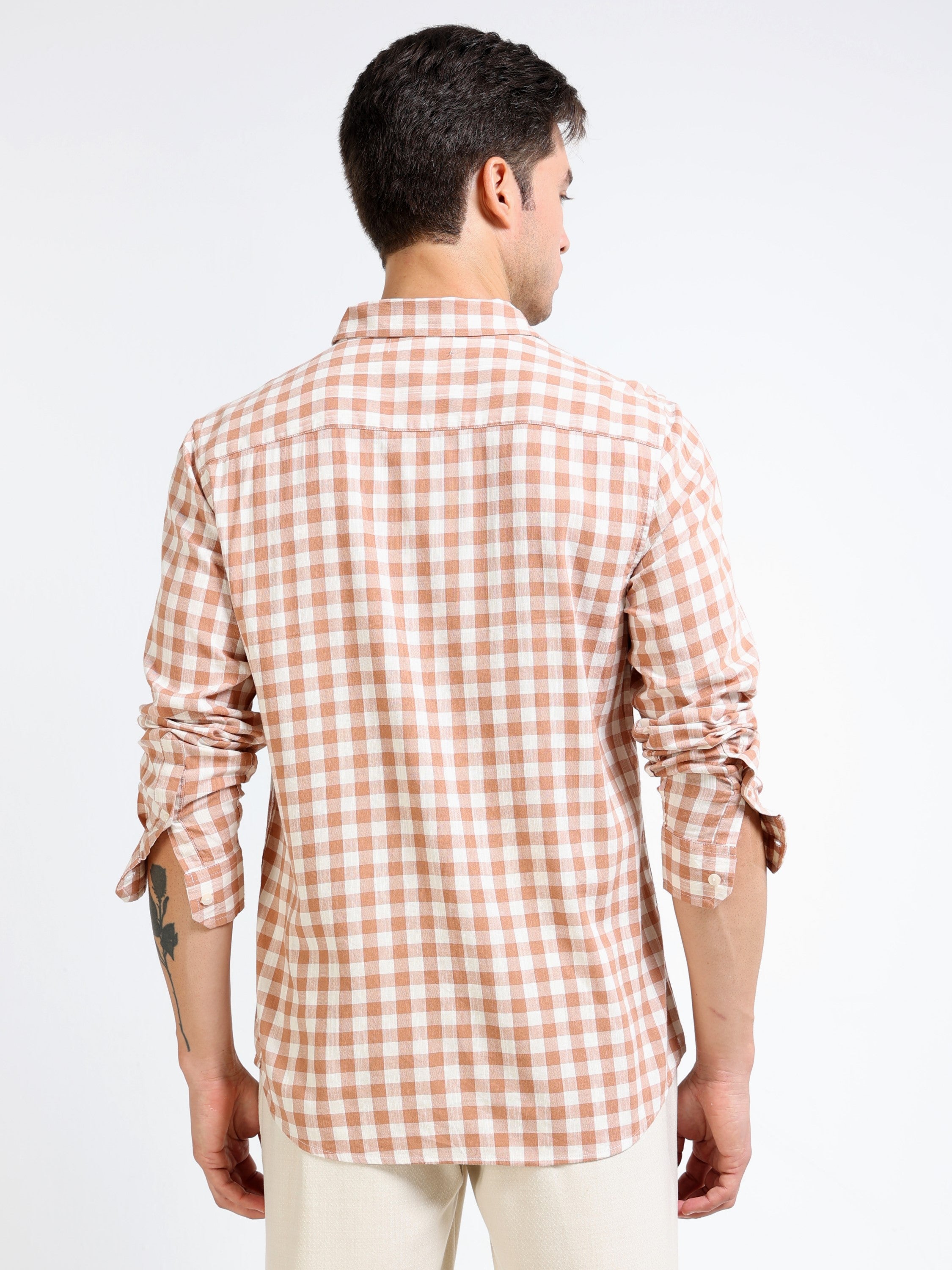 Men Brown & White Check Slim Fit Shirt