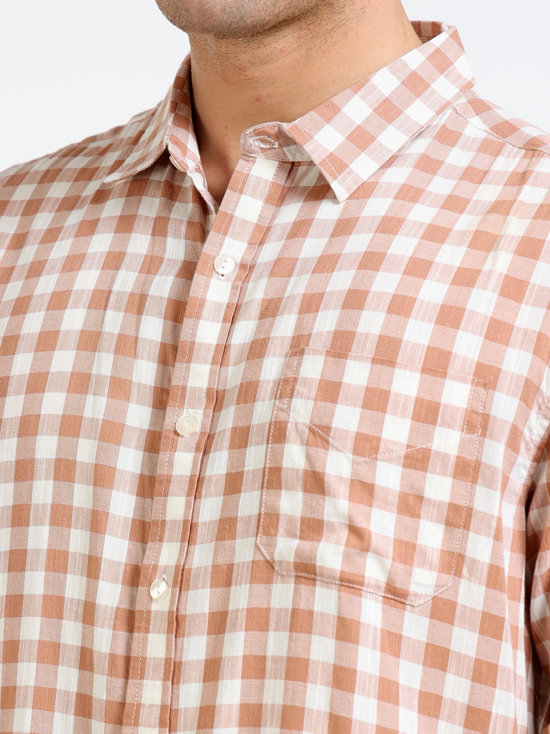 Men Brown & White Check Slim Fit Shirt