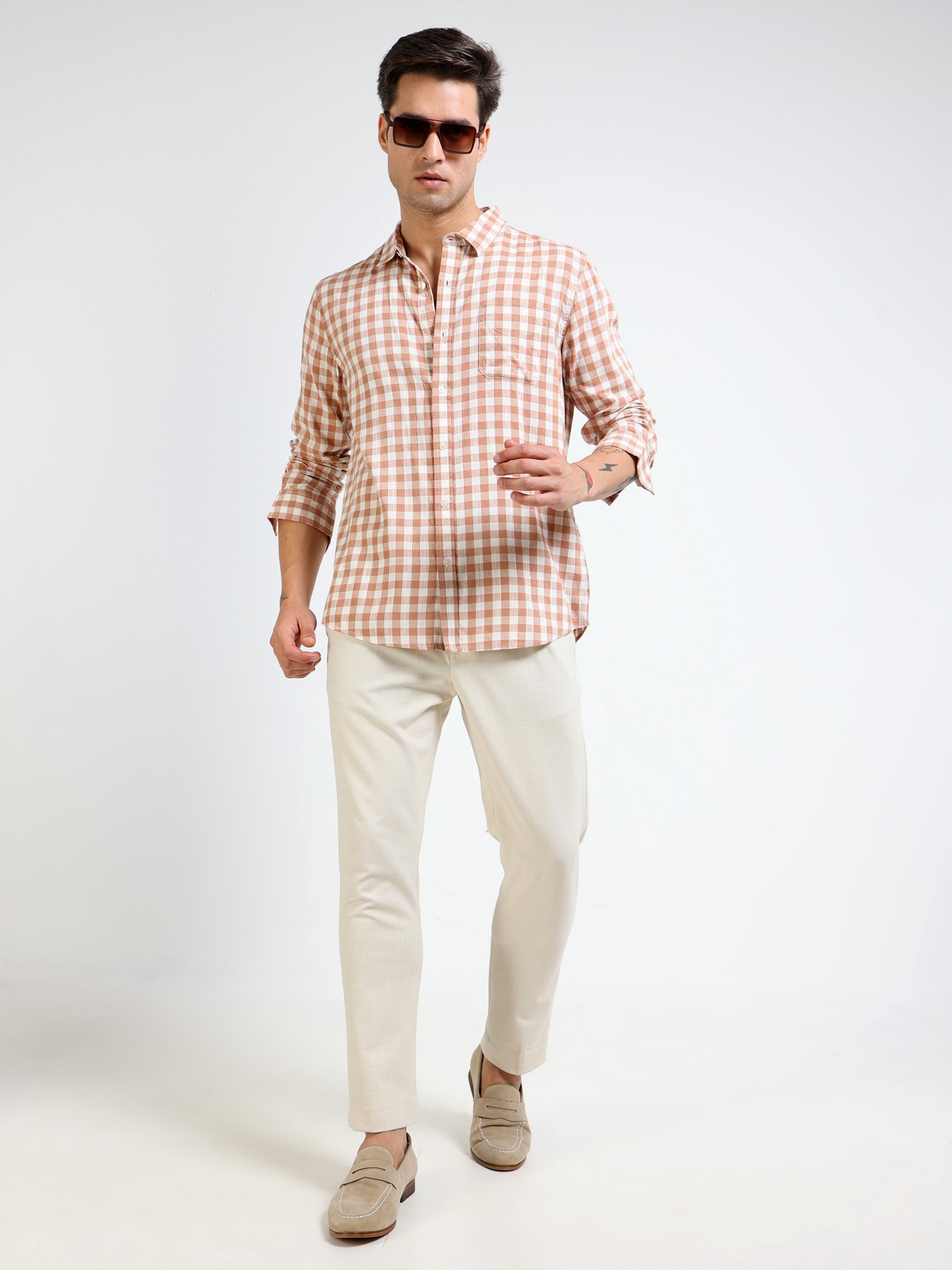 Men Brown & White Check Slim Fit Shirt