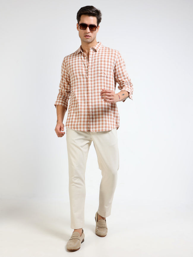 Men Brown & White Check Slim Fit Shirt